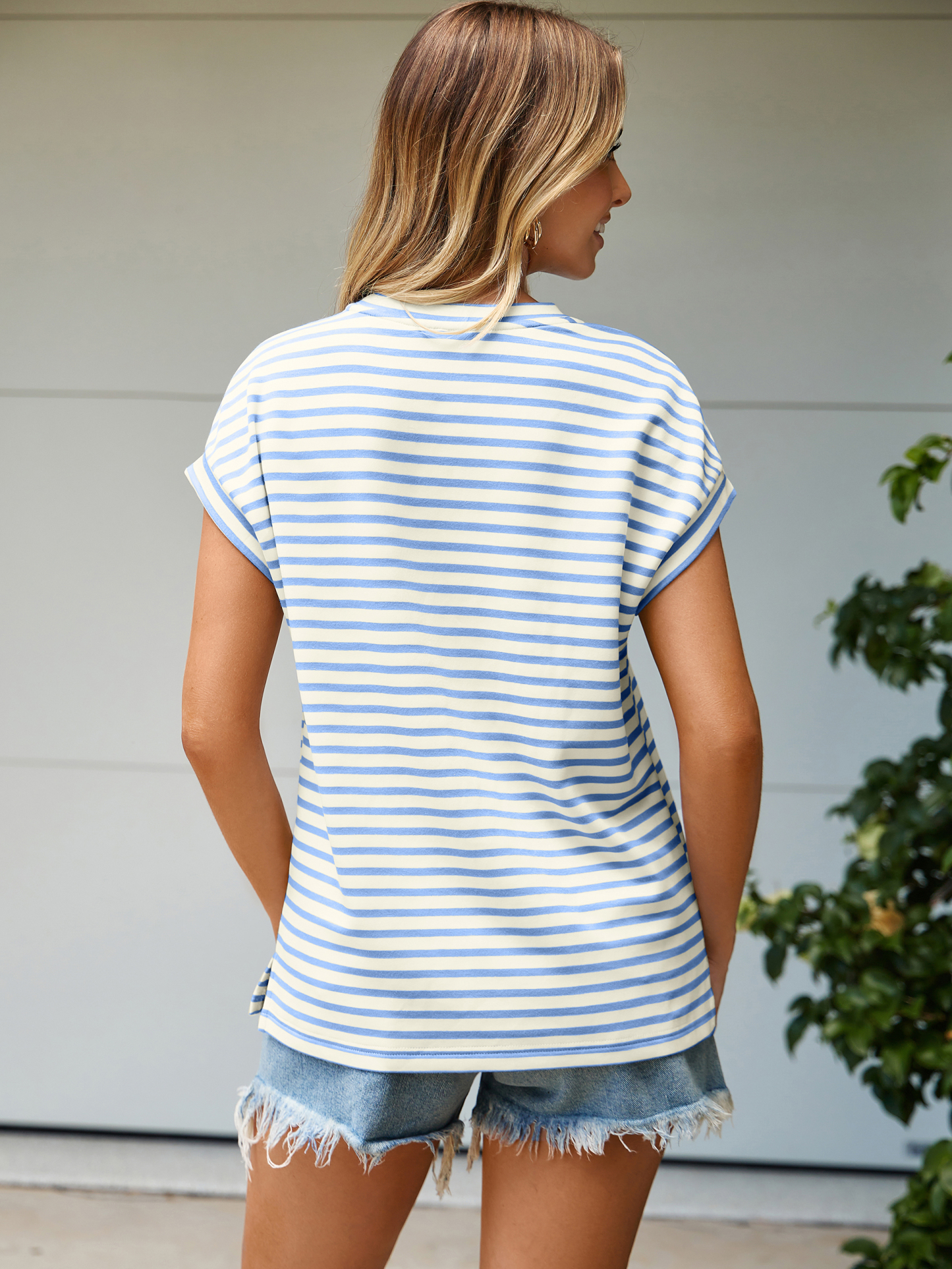 Striped Round Neck Cap Sleeve T-Shirt - Blue Striped
