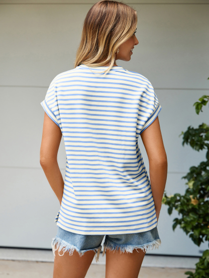 Striped Round Neck Cap Sleeve T-Shirt - Blue Striped