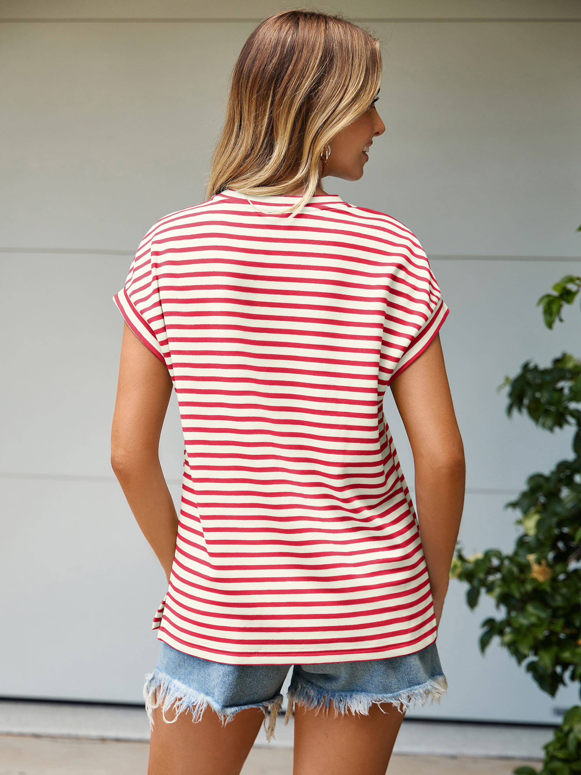 Striped Round Neck Cap Sleeve T-Shirt - Red Striped