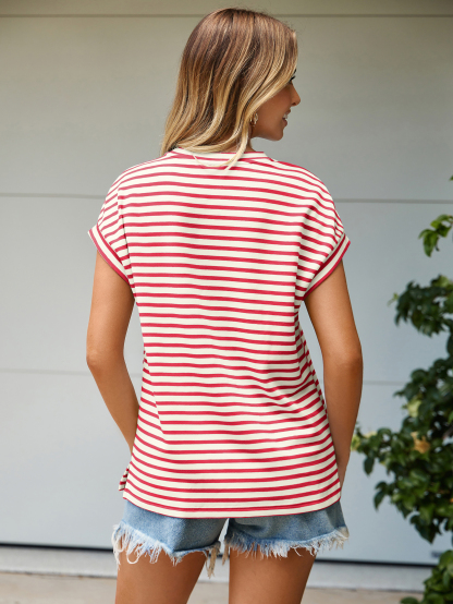 Striped Round Neck Cap Sleeve T-Shirt - Red Striped
