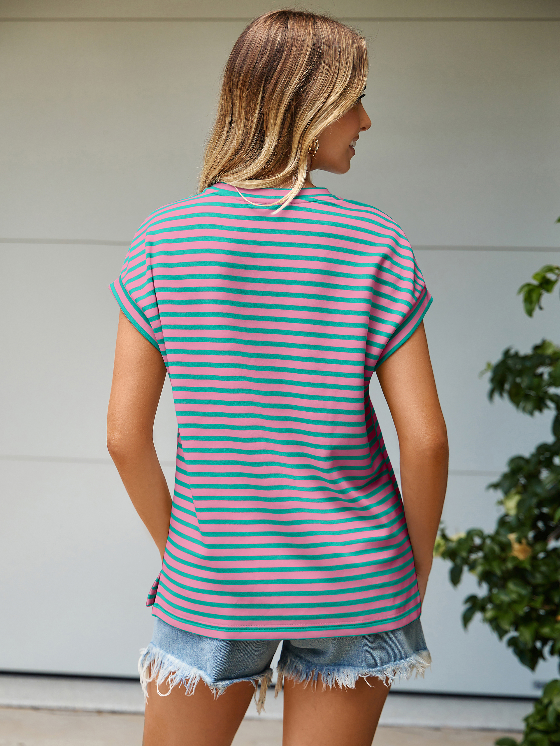 Striped Round Neck Cap Sleeve T-Shirt - Green Striped