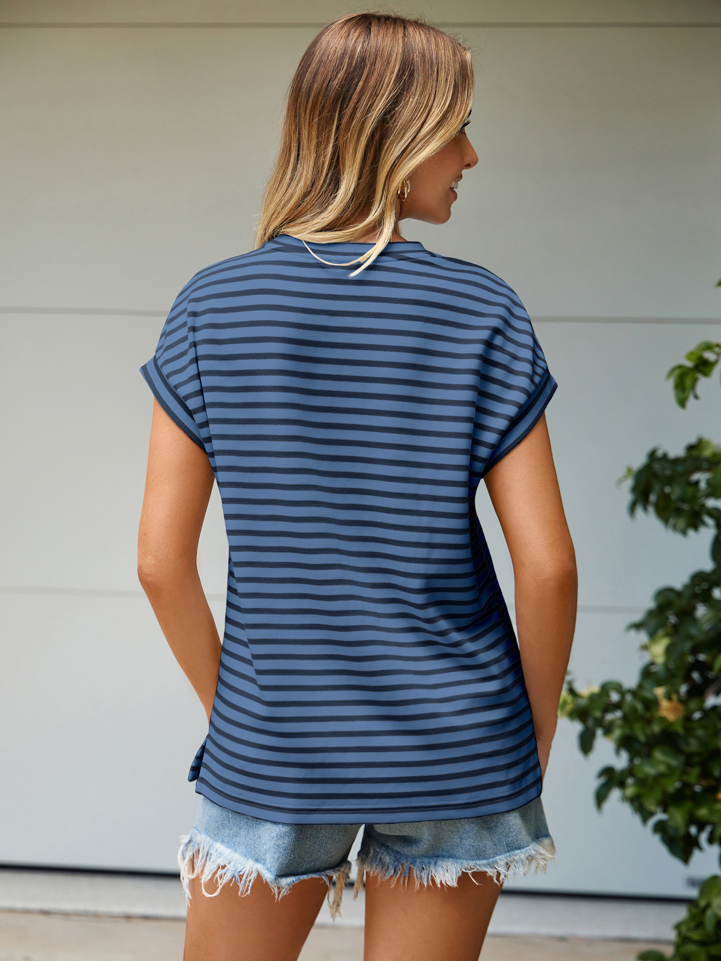 Striped Round Neck Cap Sleeve T-Shirt - Navy Blue Striped