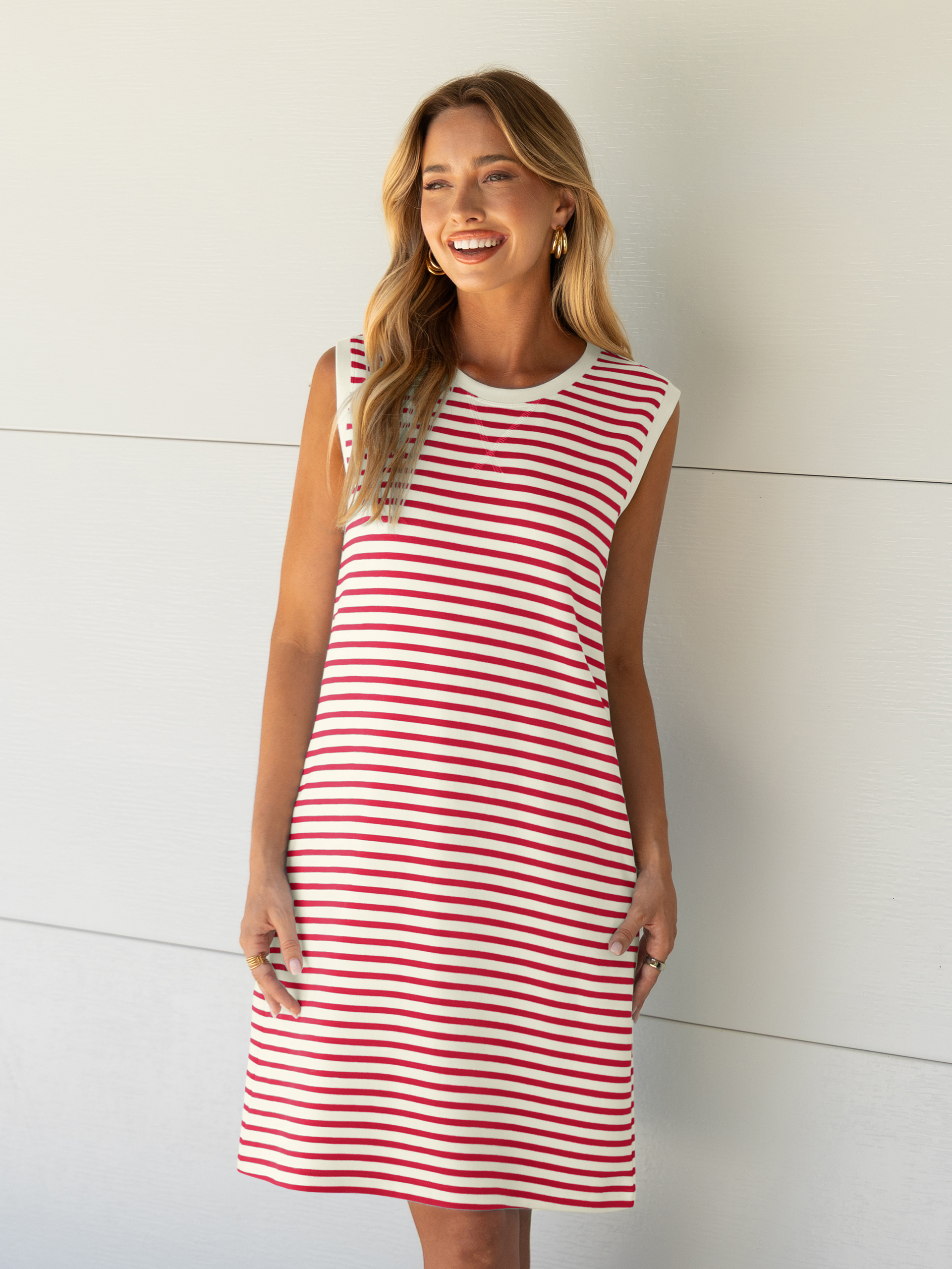 Striped Sleeveless Round Neck Mini Dress - White Red Stripe