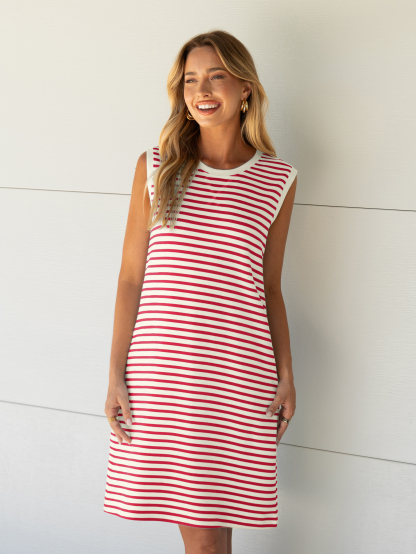 Striped Sleeveless Round Neck Mini Dress - White Red Stripe