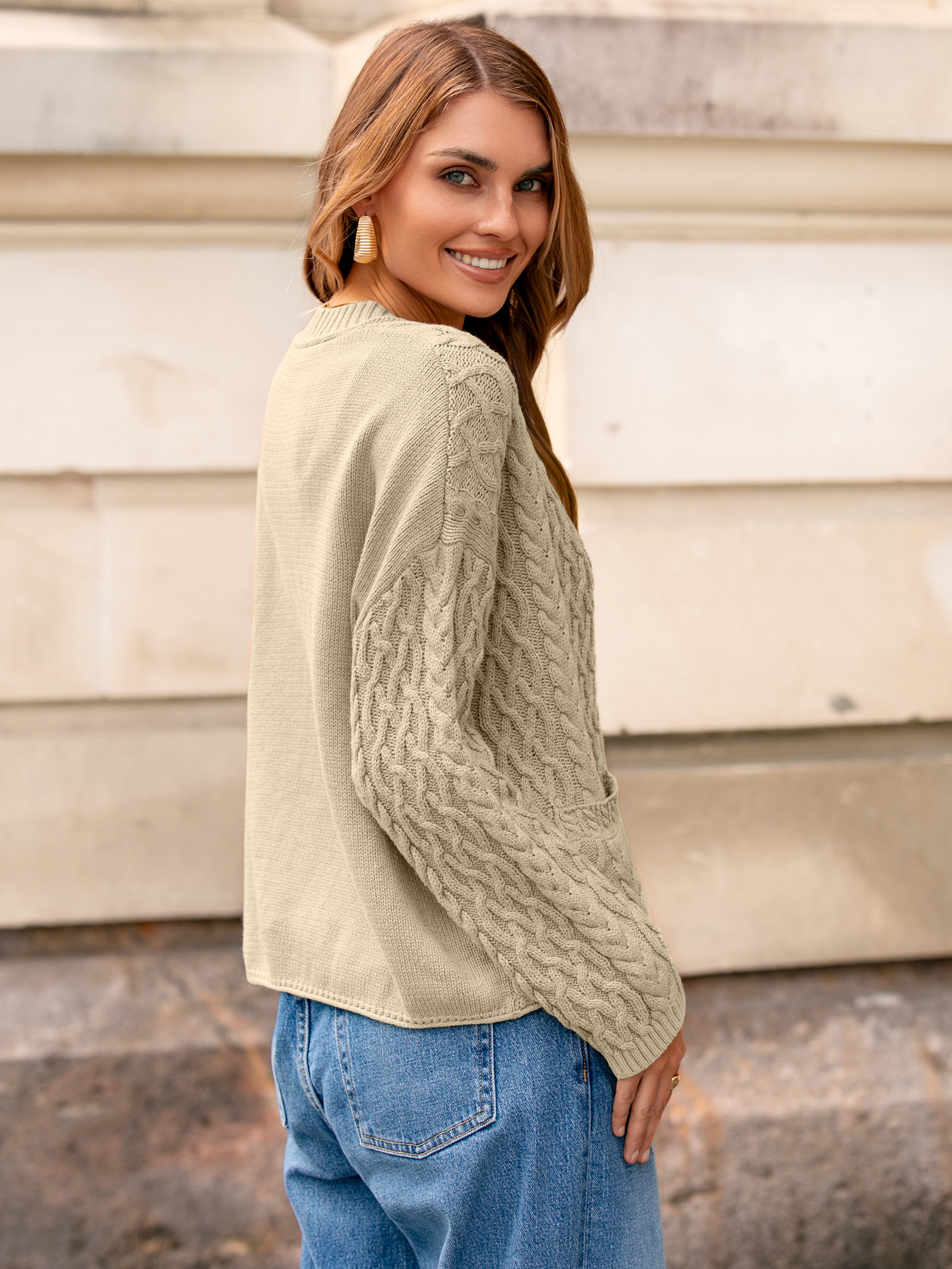 Cable Knit V Neck Buttoned Cardigan Sweater