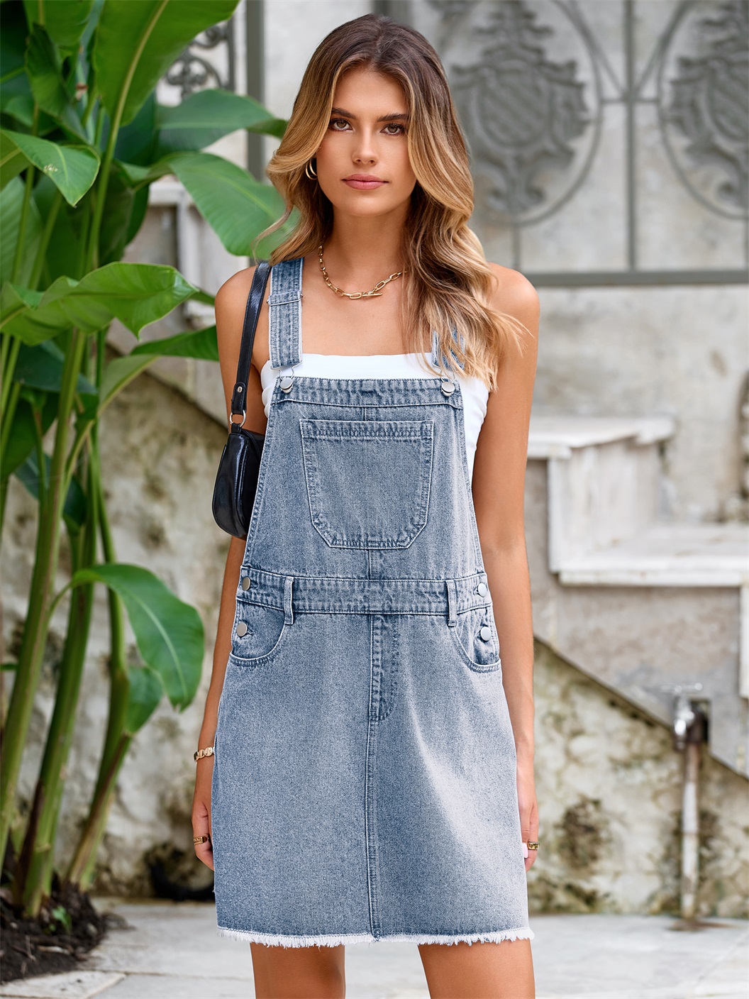 Square Neck Sleeveless Backless Mini Denim Dress - Light Denim Blue