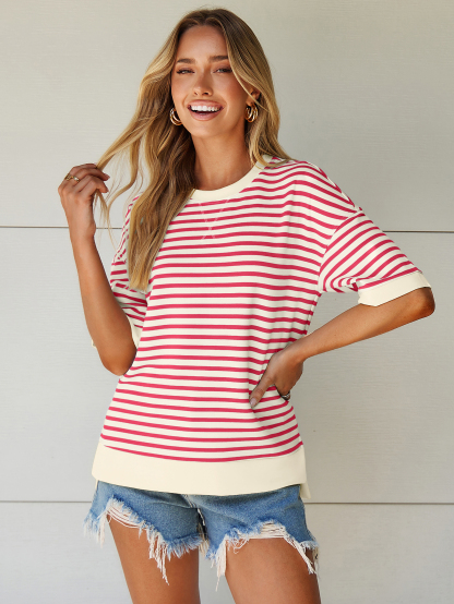 Striped Color Block Drop Shoulder Casual T-Shirt