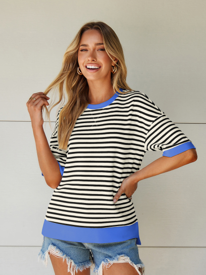 Striped Color Block Drop Shoulder Casual T-Shirt
