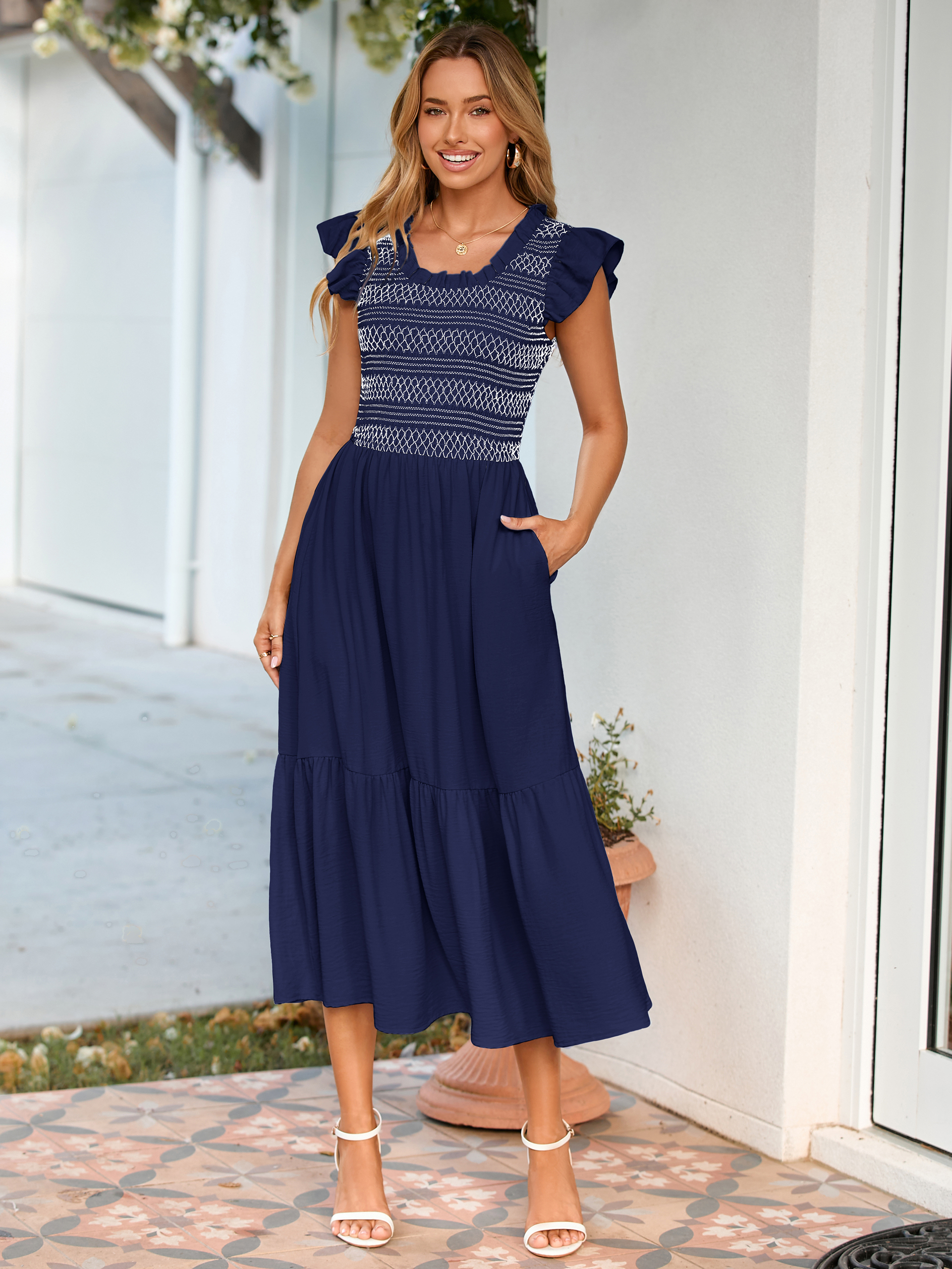 Flutter Sleeve Embroidered A Line Tiered Maxi Dress - Navy Blue