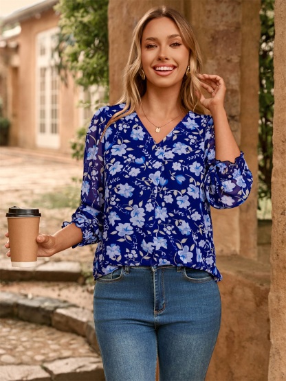 Floral V Neck Long Sleeve Blouse - Blue Floral