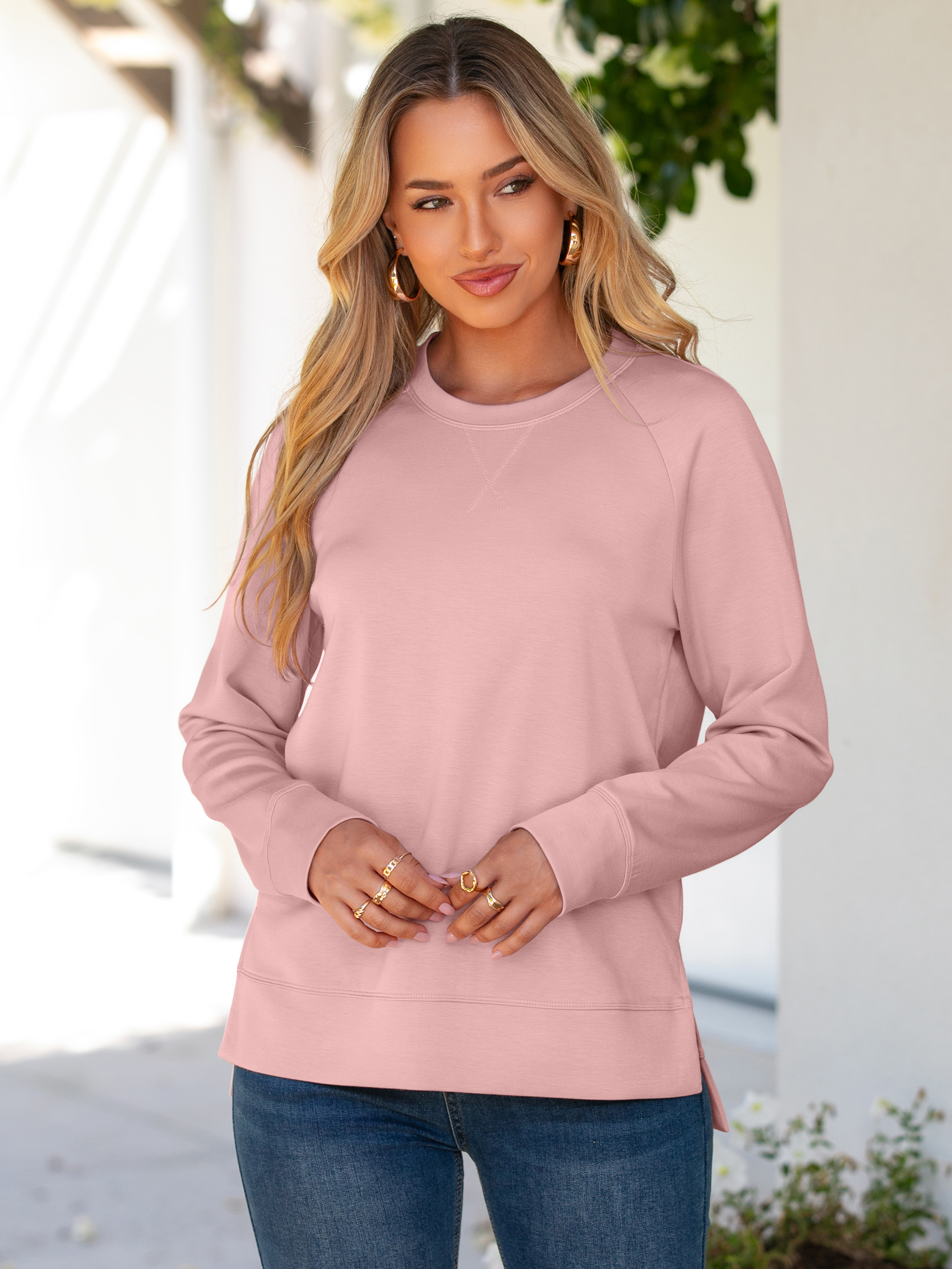 Solid Crewneck Raglan Long Sleeve Sweatshirt