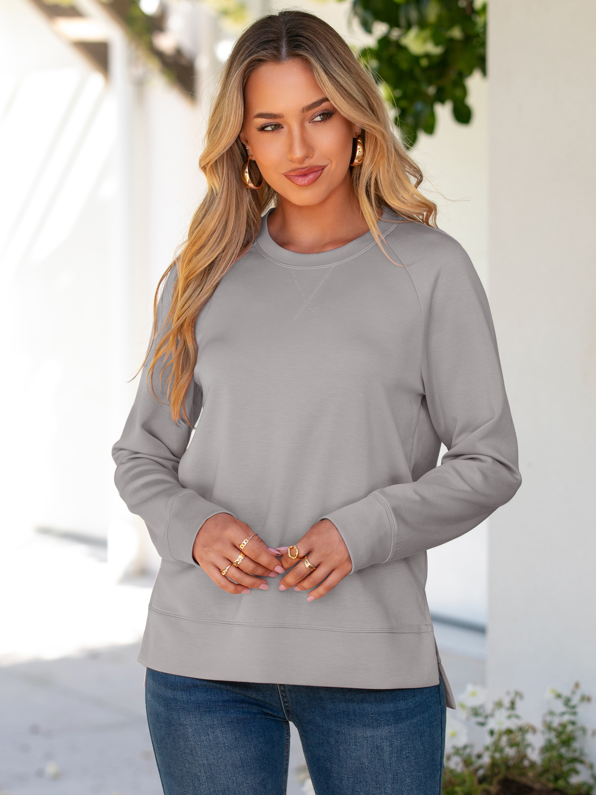 Solid Crewneck Raglan Long Sleeve Sweatshirt