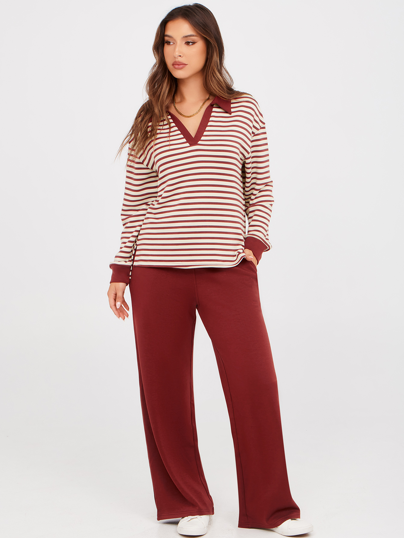 V-Neck Polo Striped Top Wide Leg Lounge Set