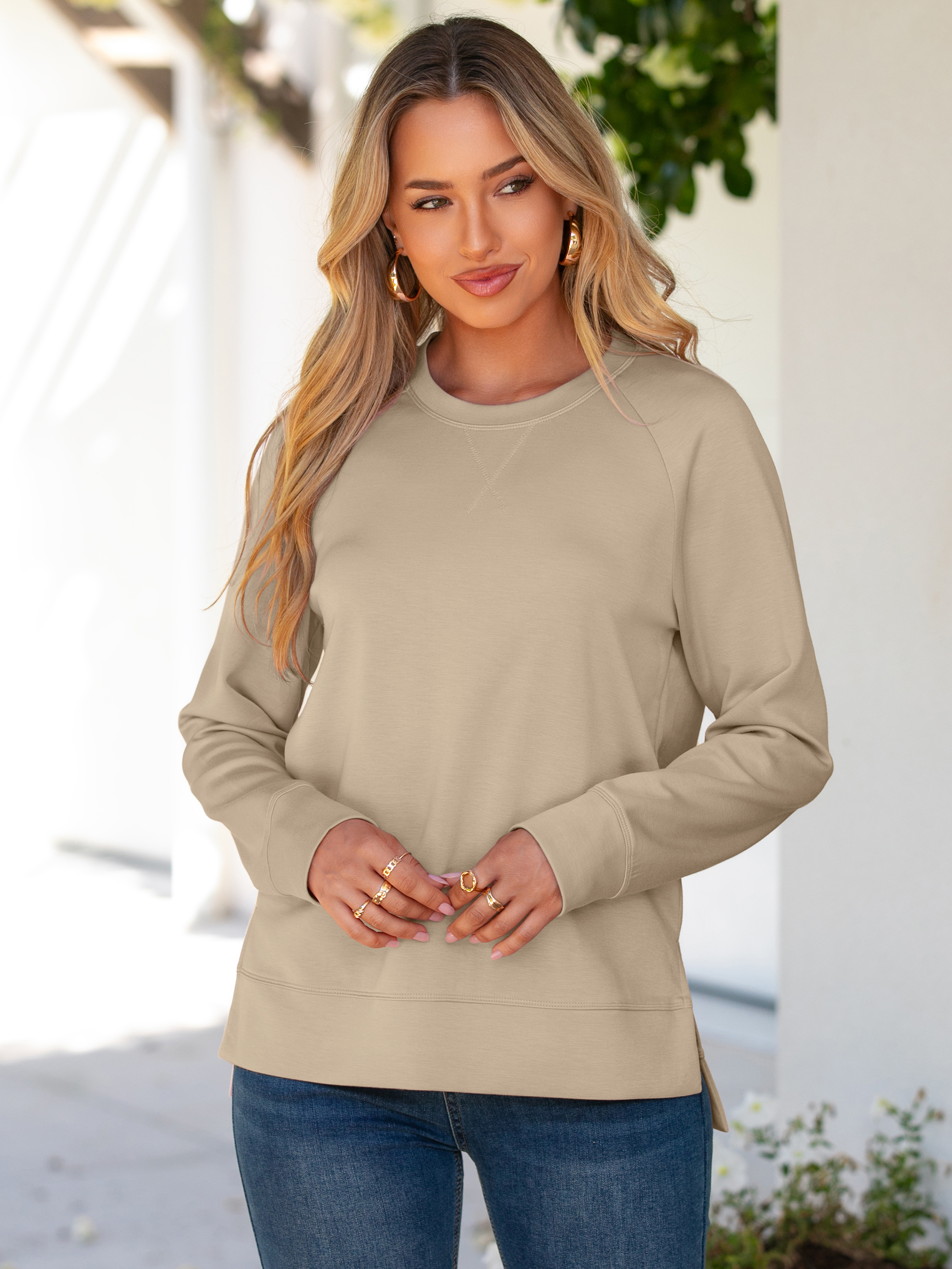 Solid Crewneck Raglan Long Sleeve Sweatshirt