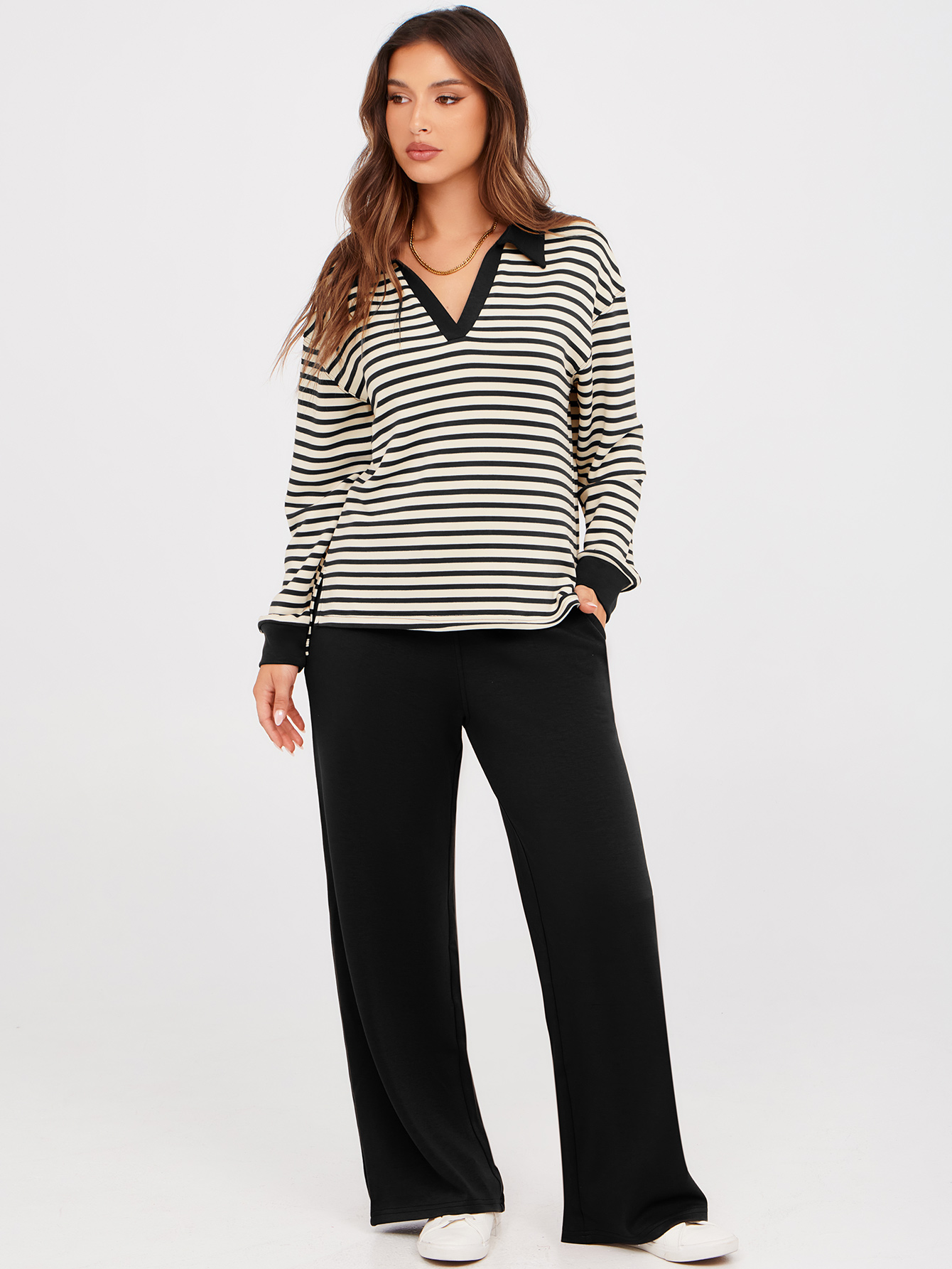 V-Neck Polo Striped Top Wide Leg Lounge Set