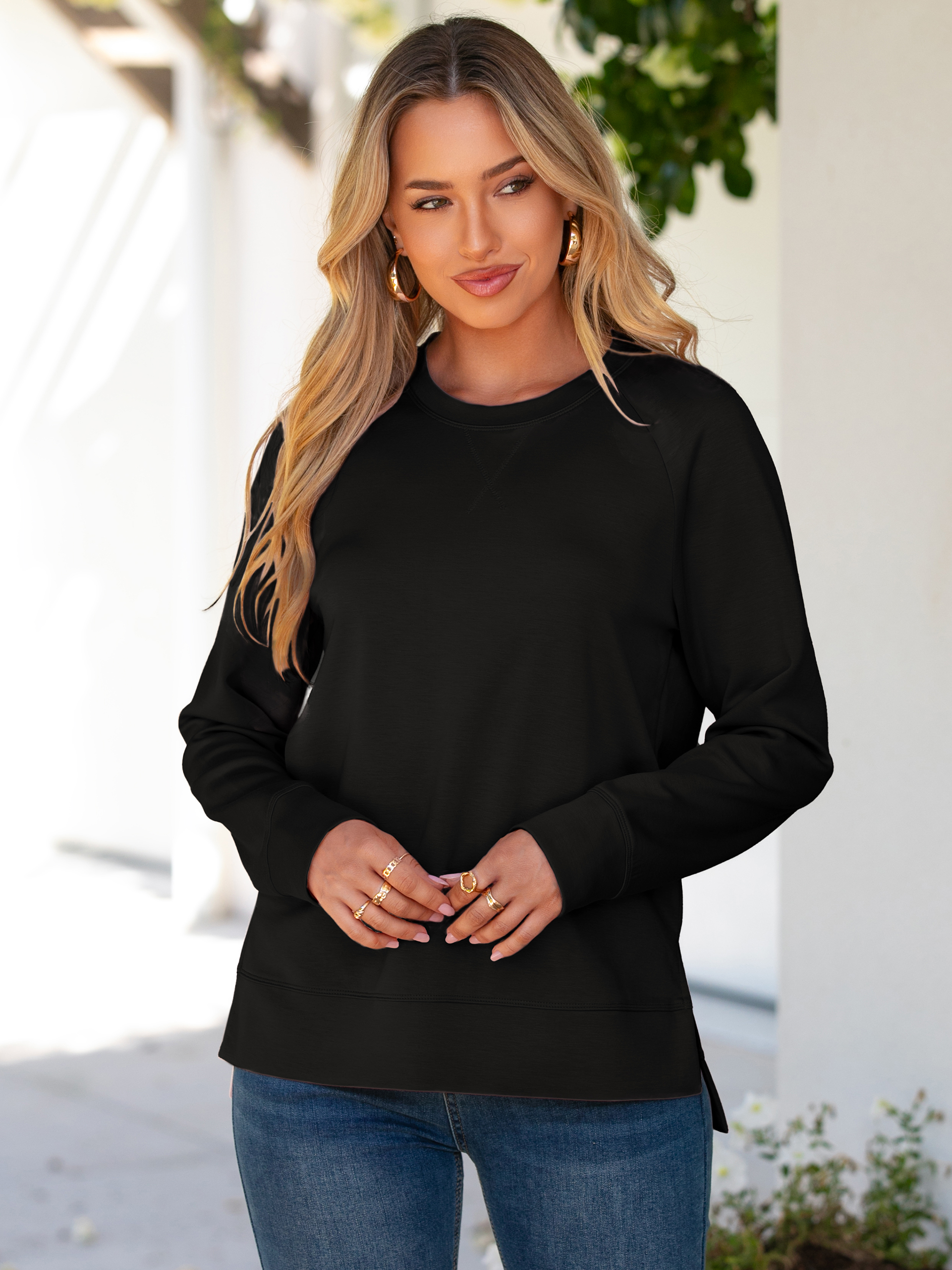 Solid Crewneck Raglan Long Sleeve Sweatshirt