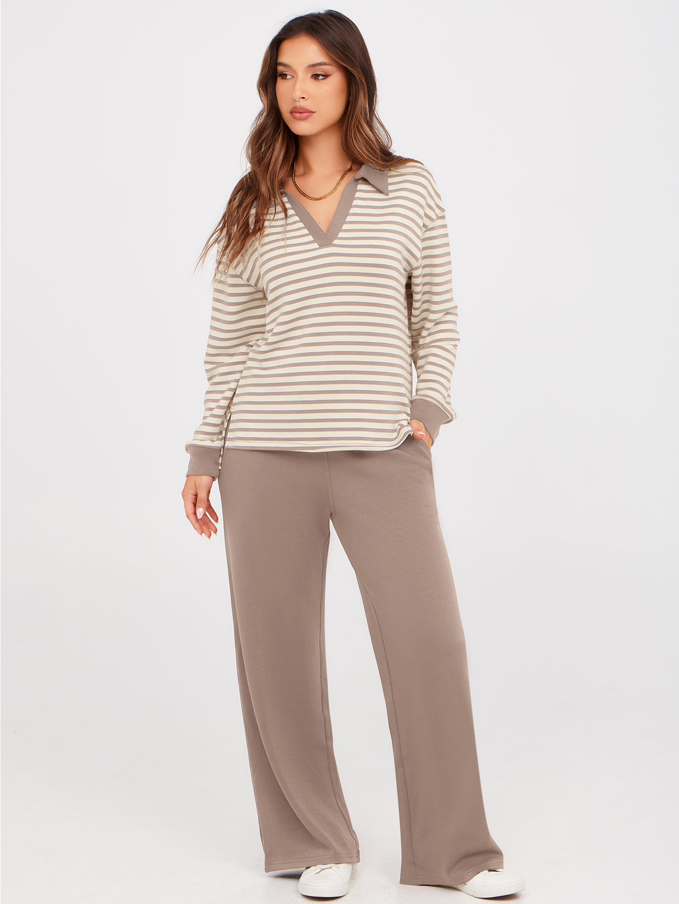 V-Neck Polo Striped Top Wide Leg Lounge Set