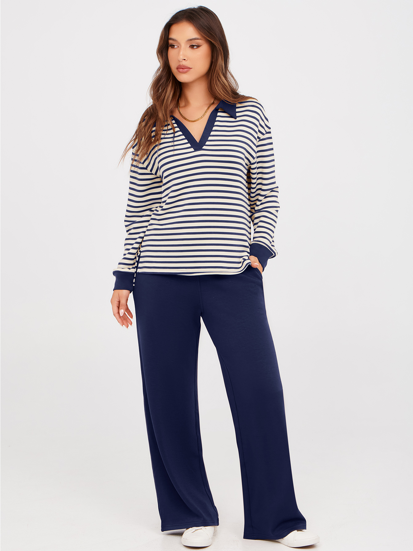 V-Neck Polo Striped Top Wide Leg Lounge Set