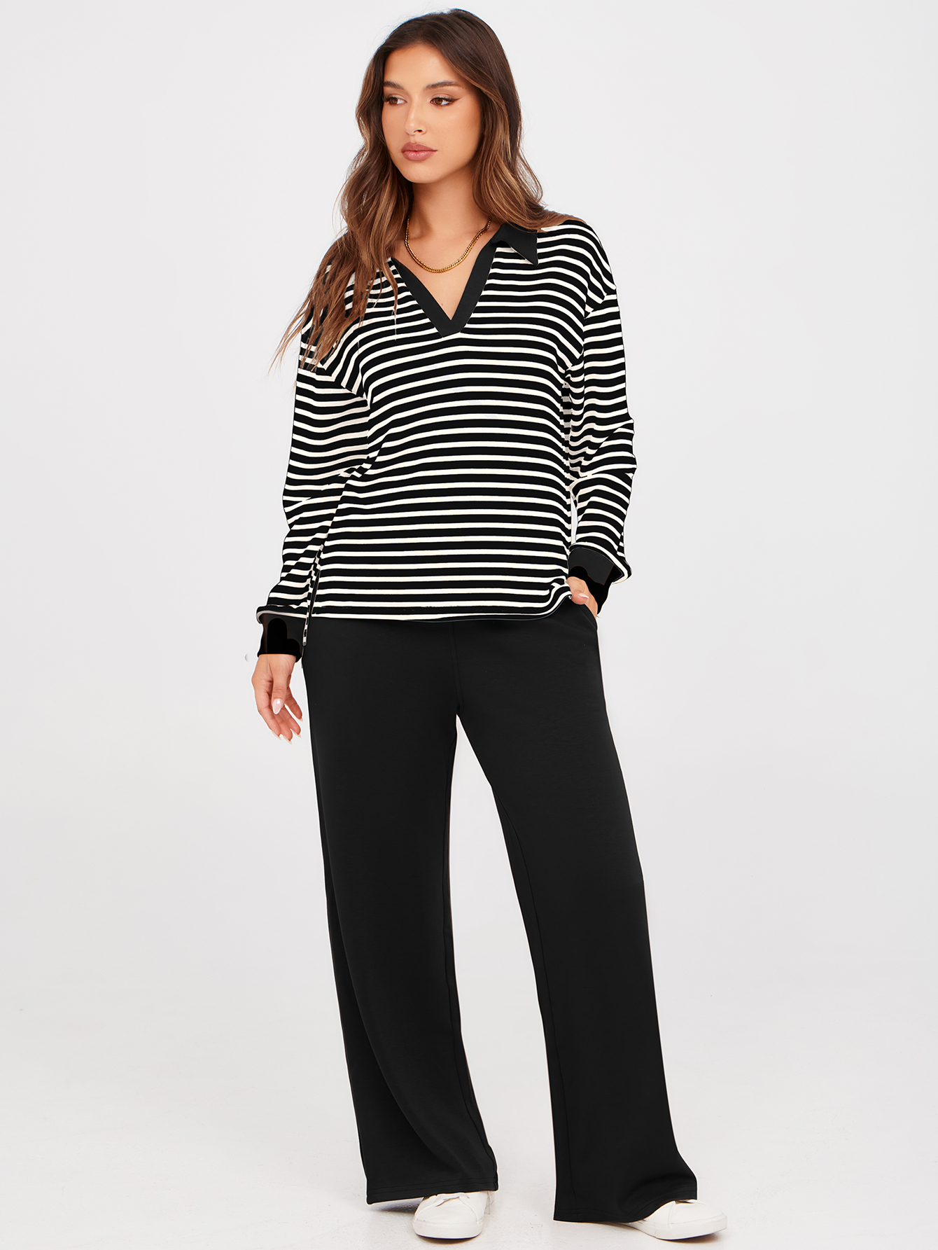 V-Neck Polo Striped Top Wide Leg Lounge Set