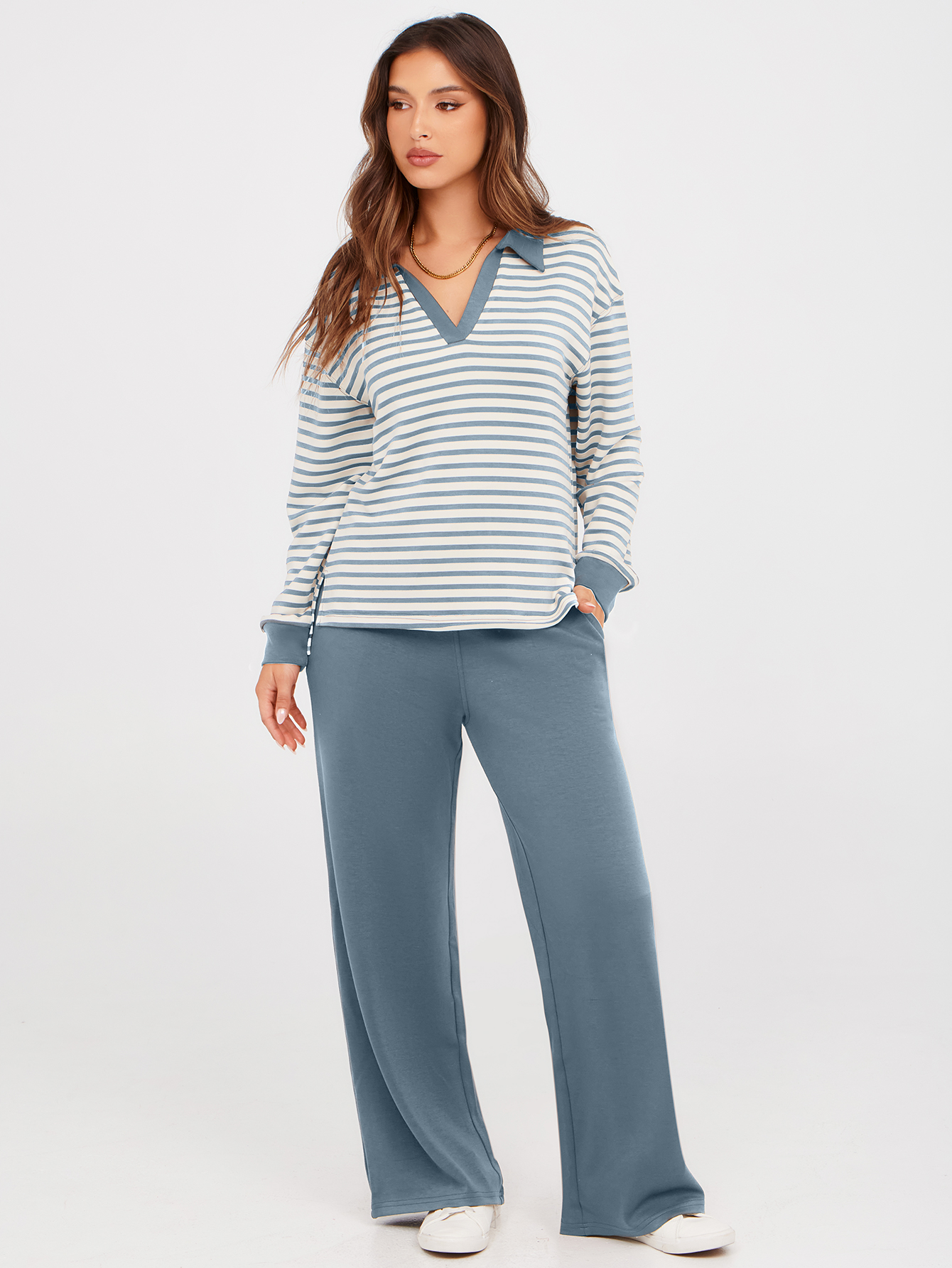 V-Neck Polo Striped Top Wide Leg Lounge Set
