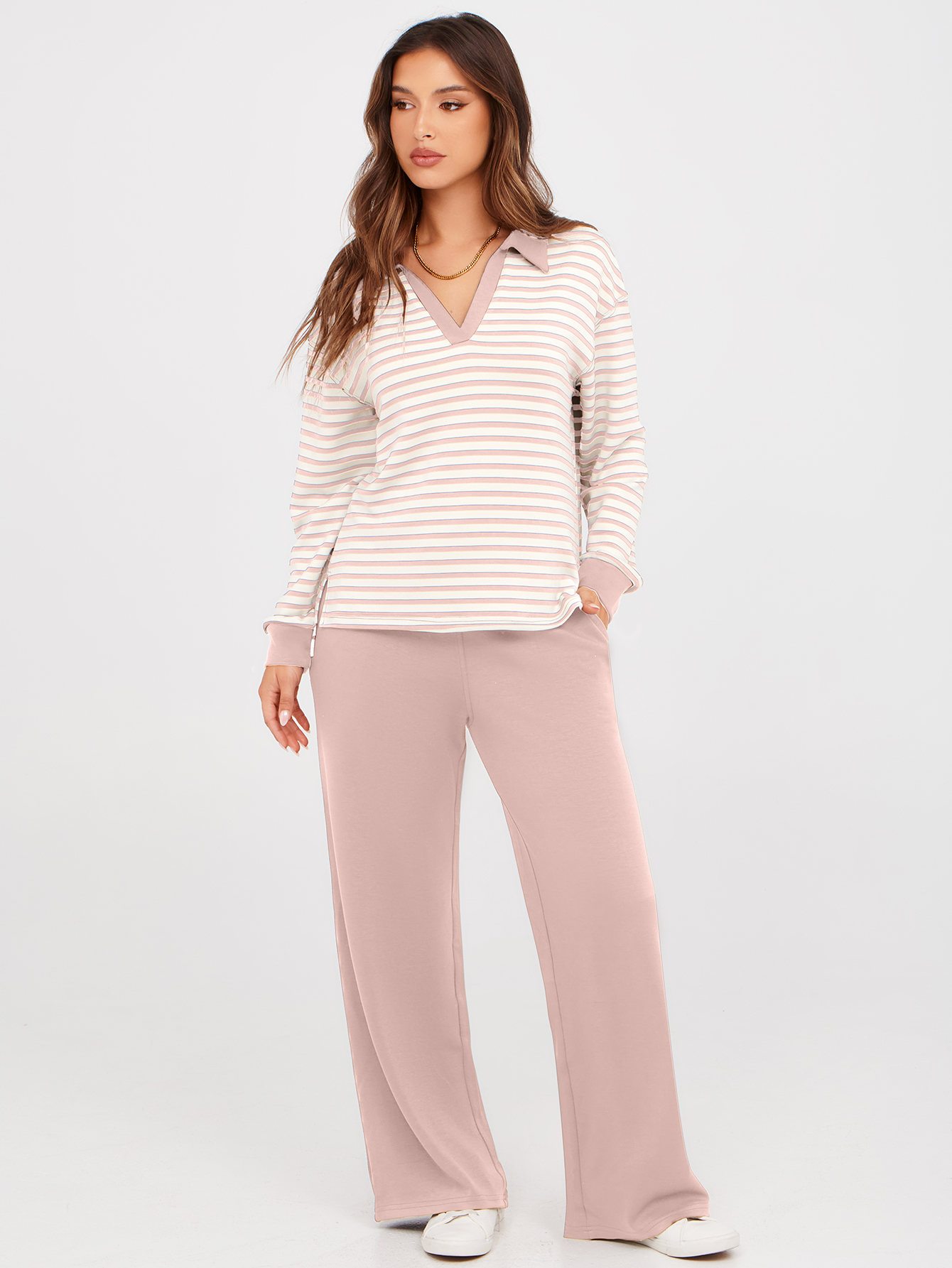 V-Neck Polo Striped Top Wide Leg Lounge Set