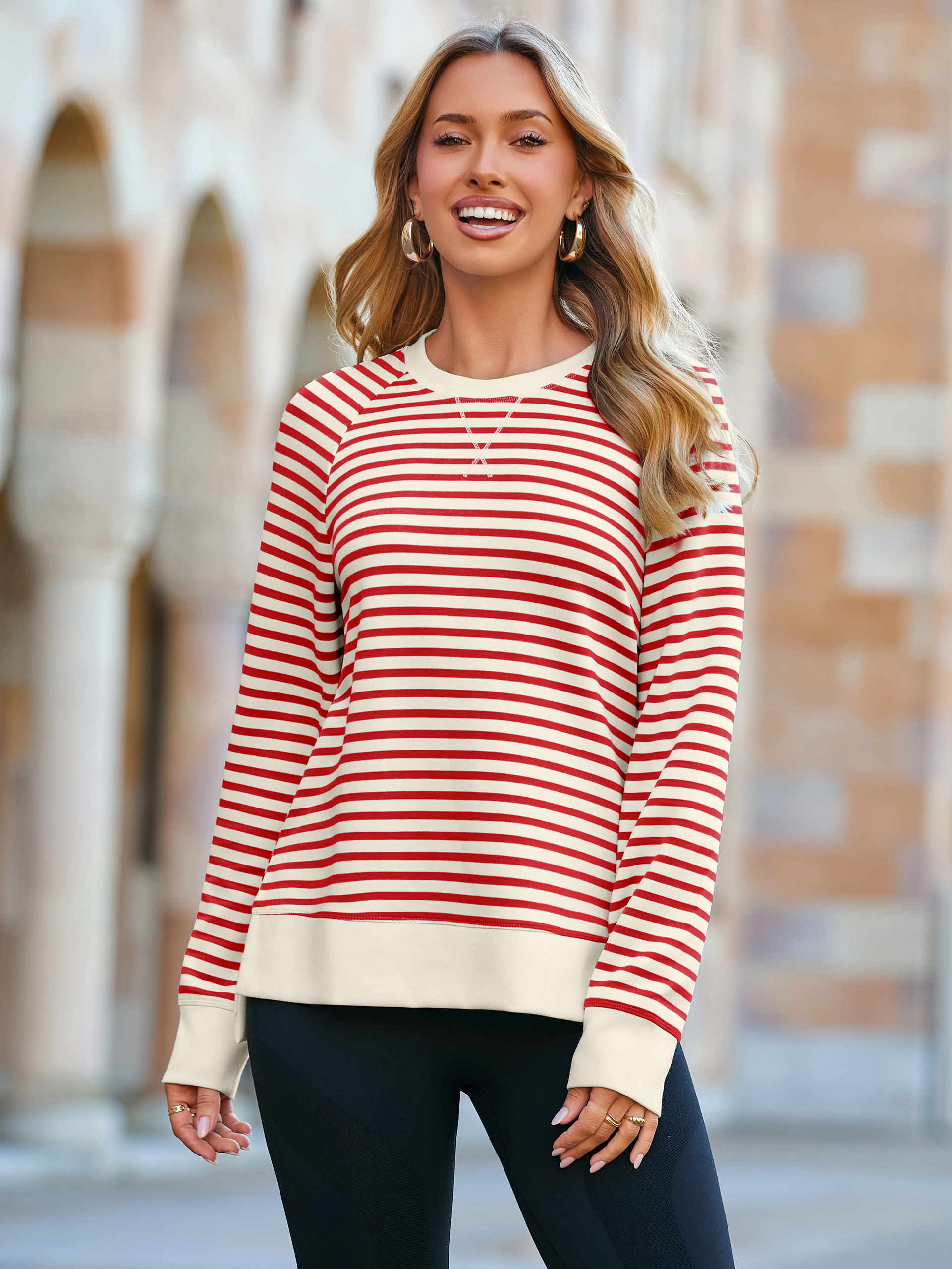 Striped Crewneck Raglan Long Sleeve Sweatshirt - Red Stripe
