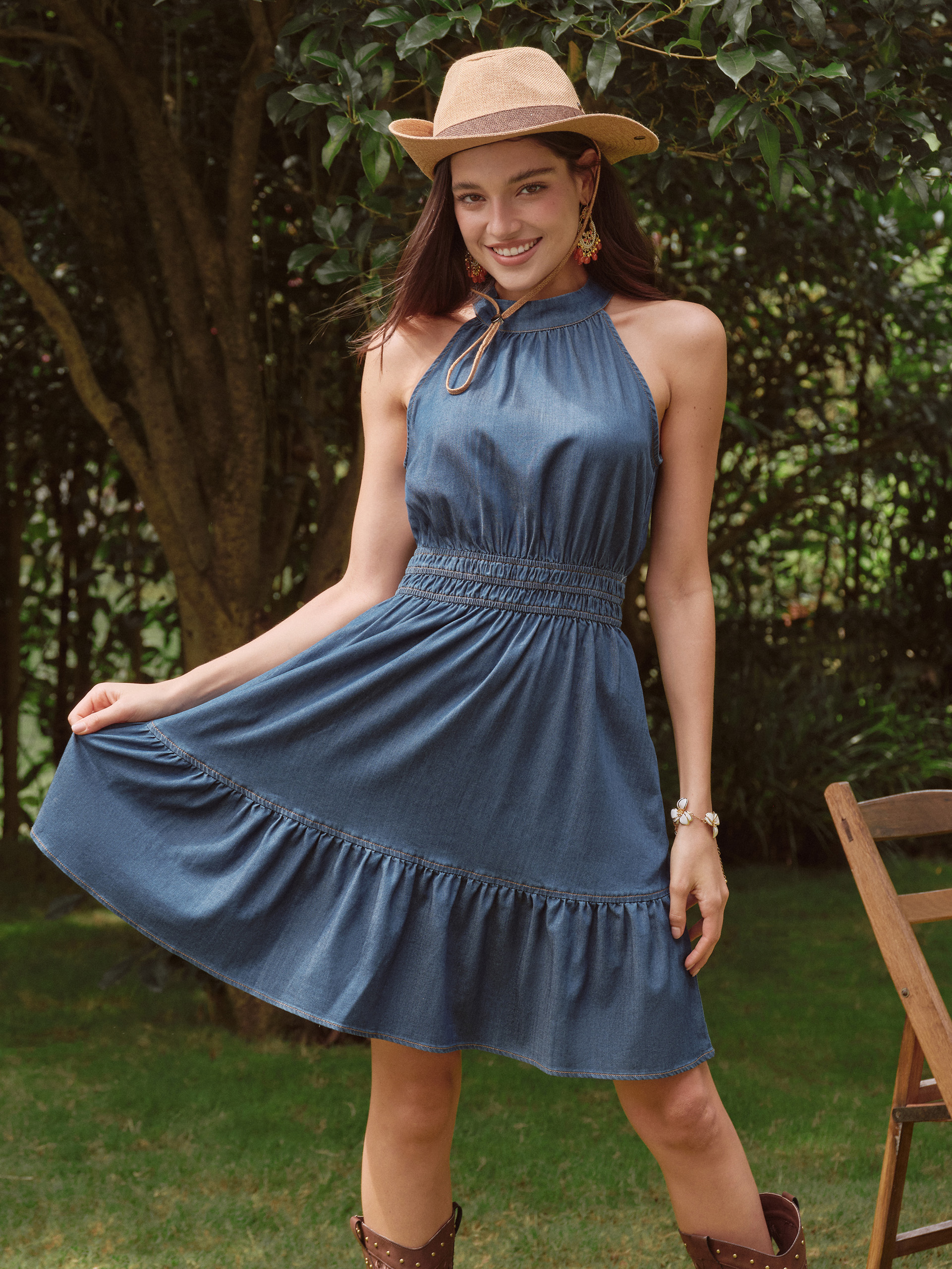 Halter Neck Lyocell Denim Pocket Mini Dress