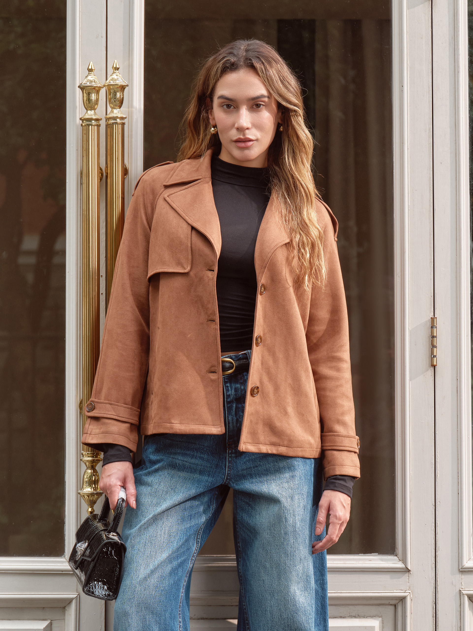 Classic Lapel Belted Faux Suede Trench Jacket