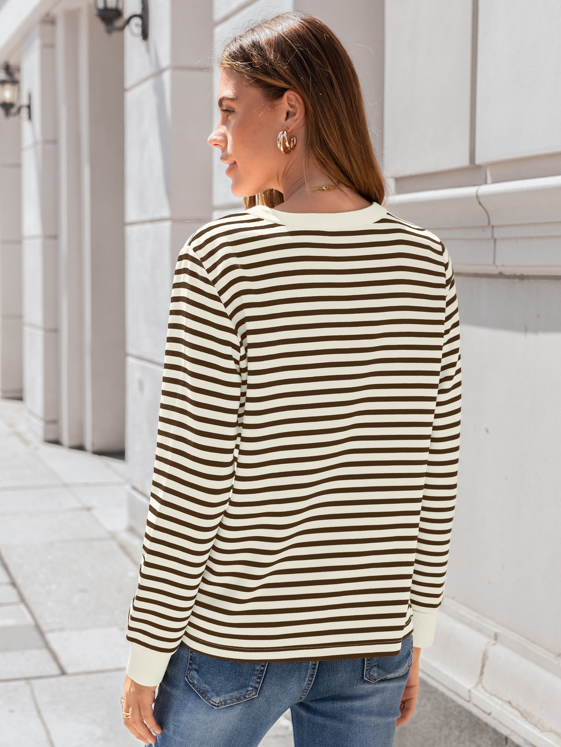 Striped Notch Neck Long Sleeve T-Shirt