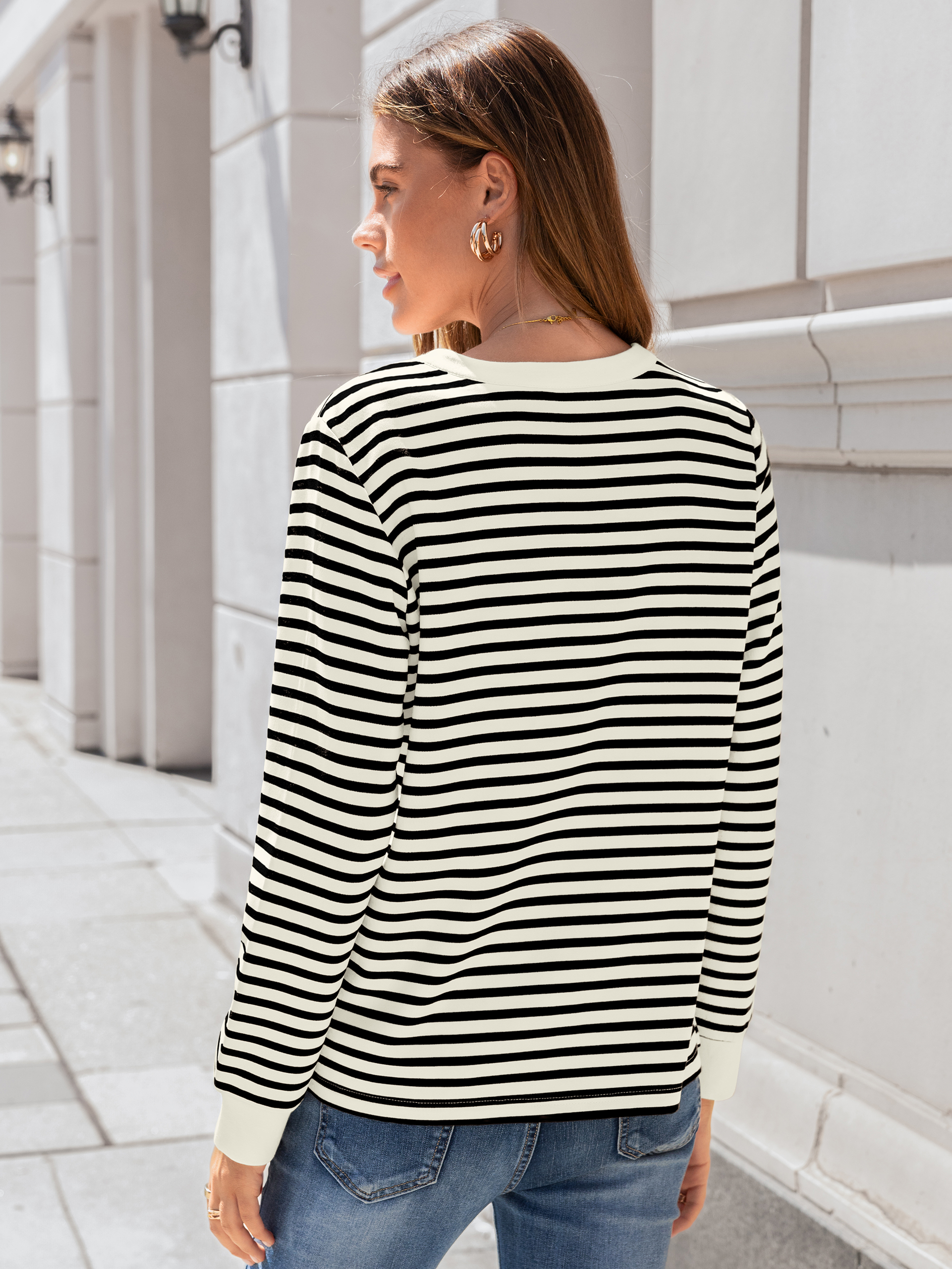 Striped Notch Neck Long Sleeve T-Shirt