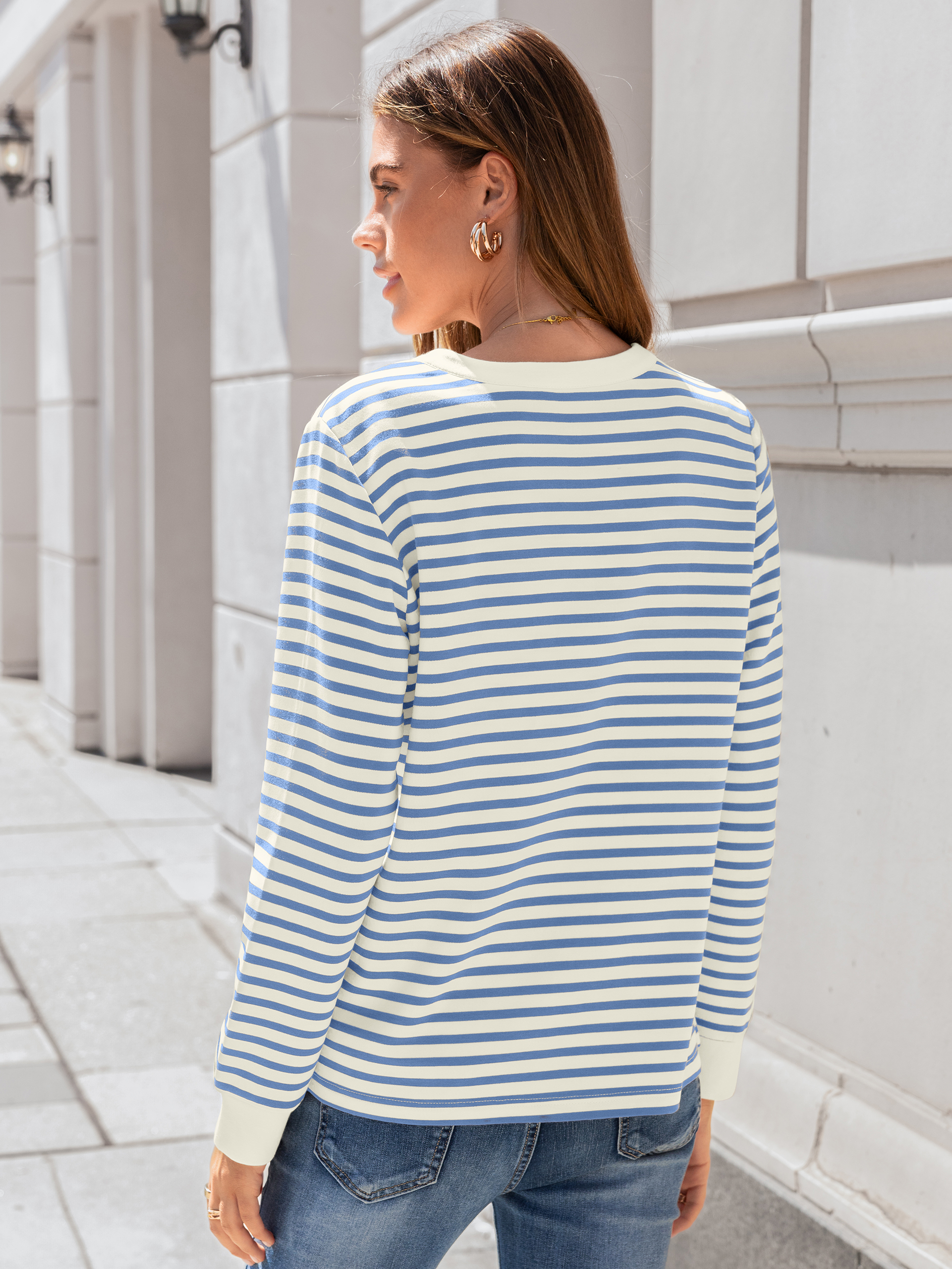 Striped Notch Neck Long Sleeve T-Shirt