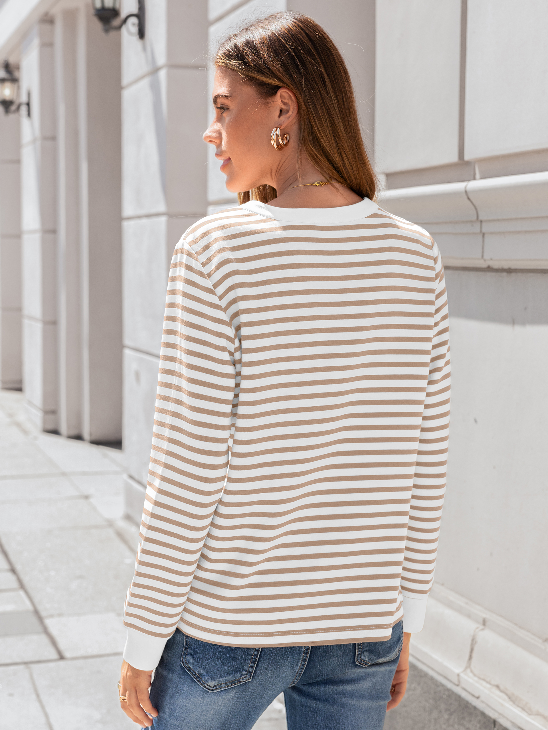 Striped Notch Neck Long Sleeve T-Shirt