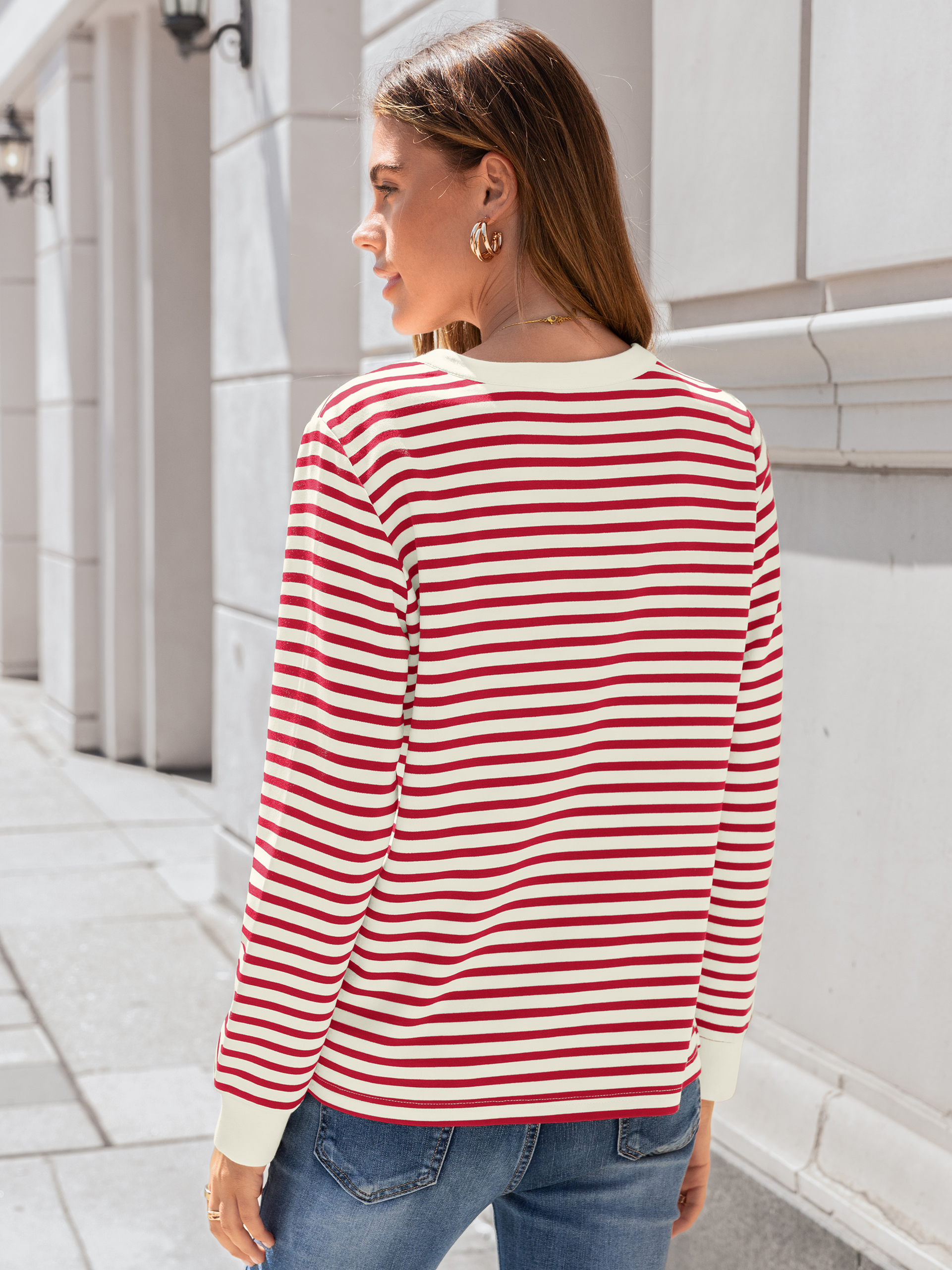 Striped Notch Neck Long Sleeve T-Shirt