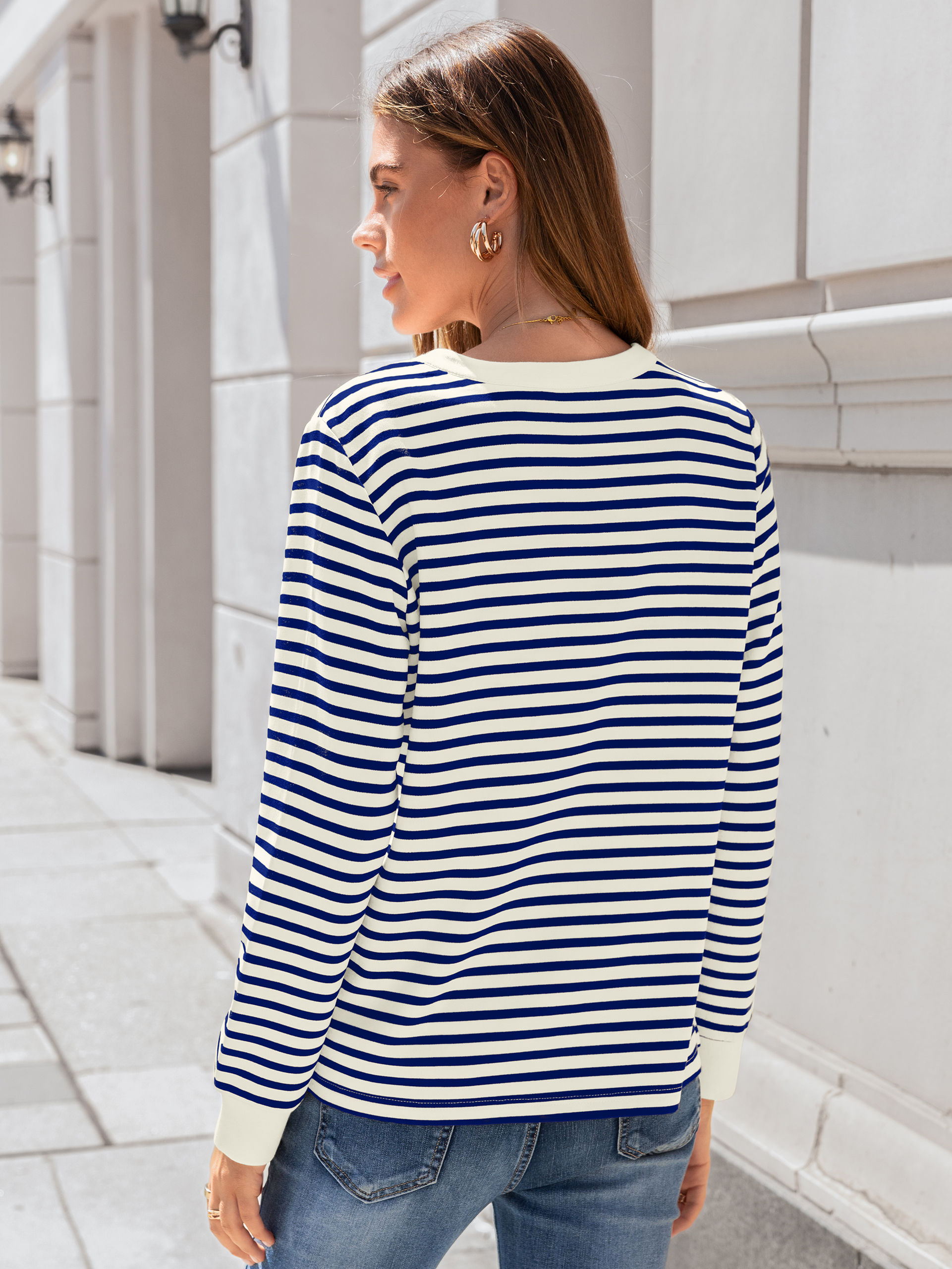 Striped Notch Neck Long Sleeve T-Shirt