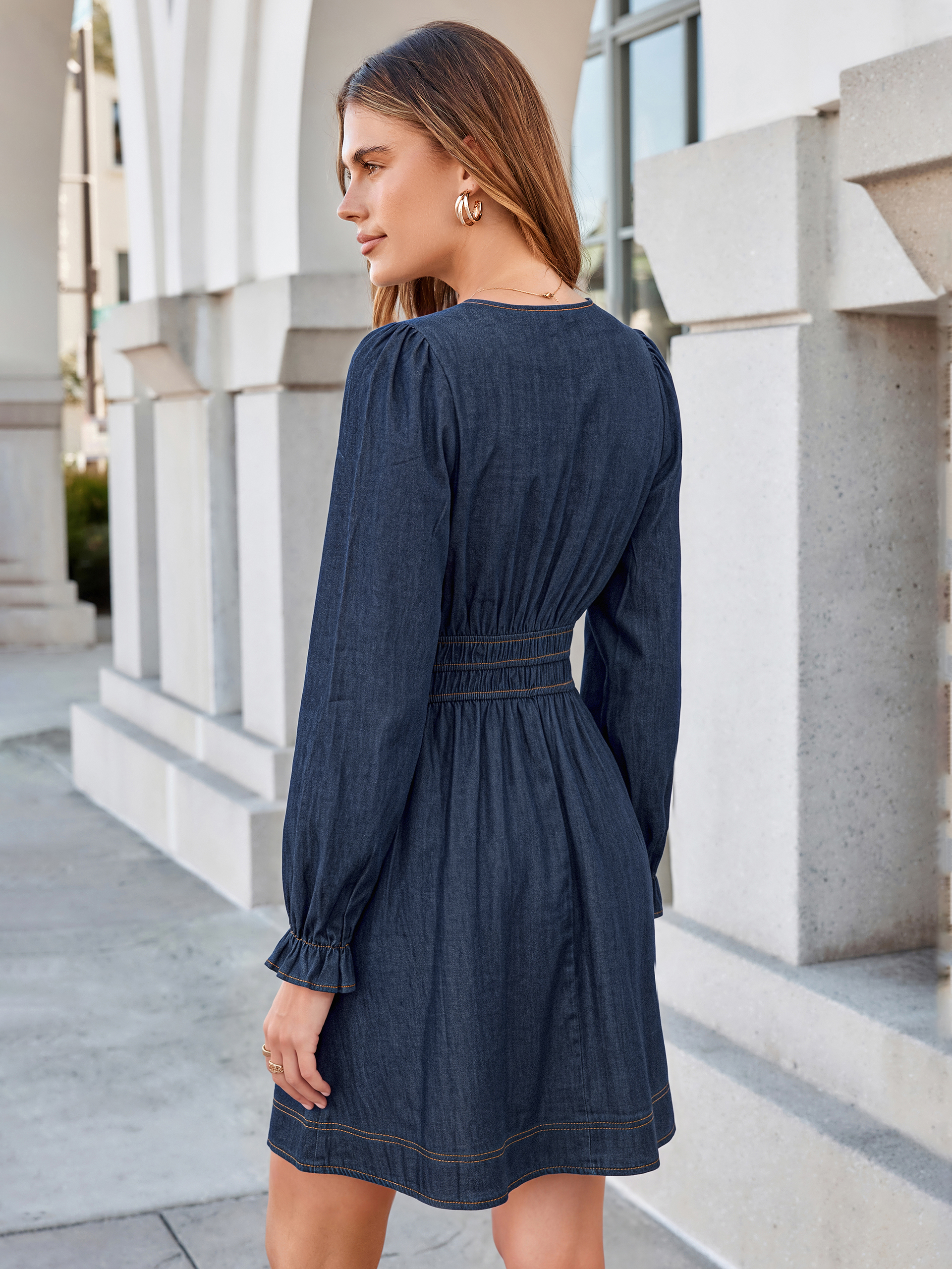 V-Neck Smocked Waist Long Sleeve Denim Mini Dress