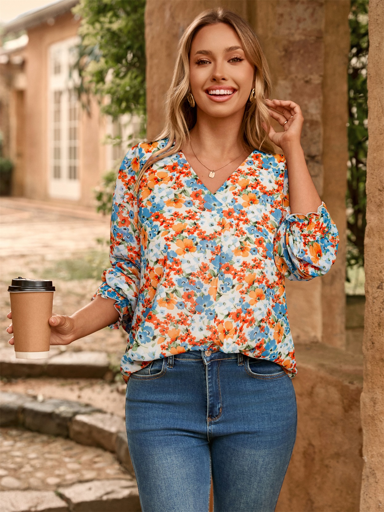 Floral V Neck Long Sleeve Blouse - Orange Floral