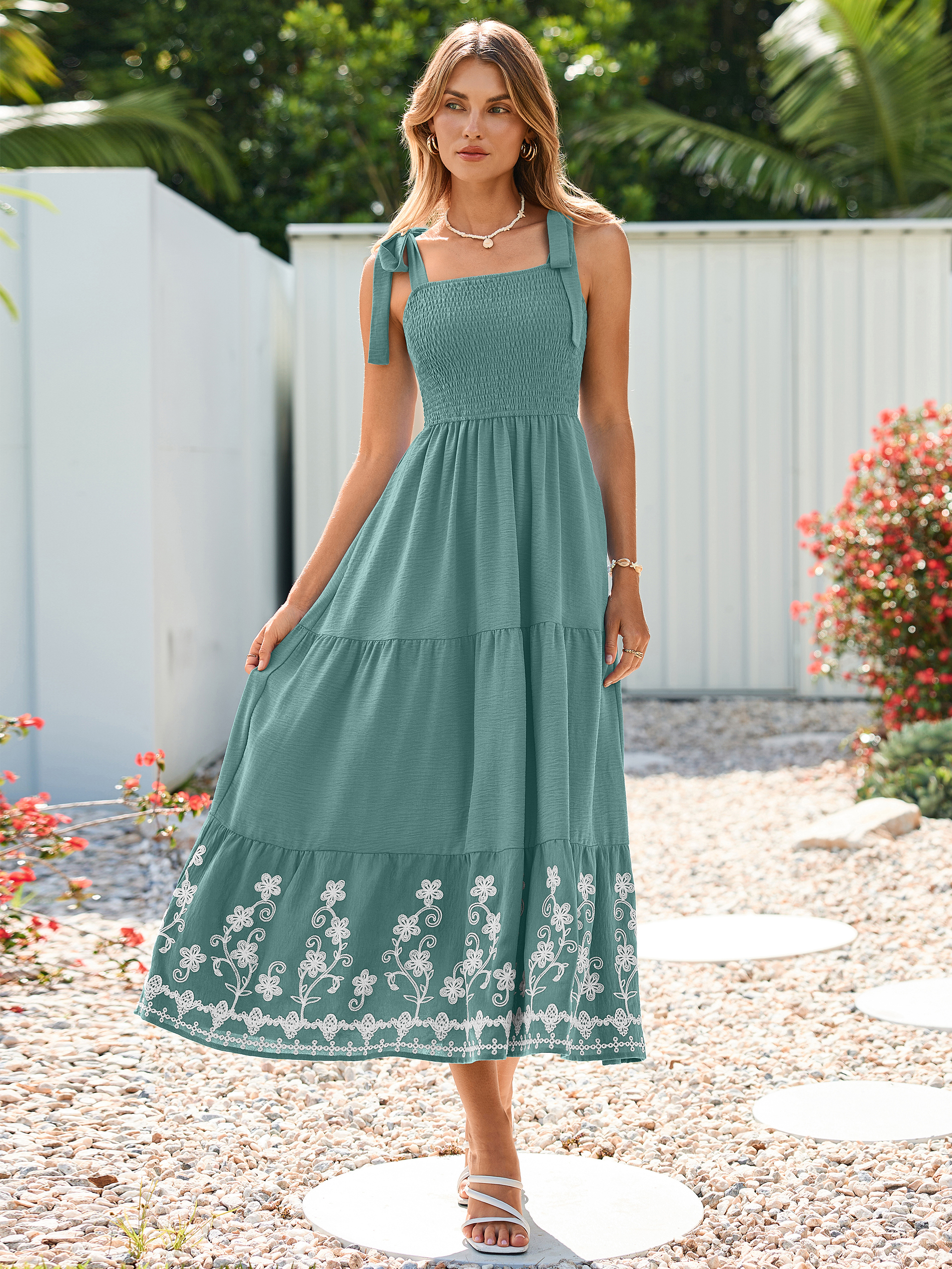 Floral Embroidery Smocked Tie Shoulder Maxi Dress