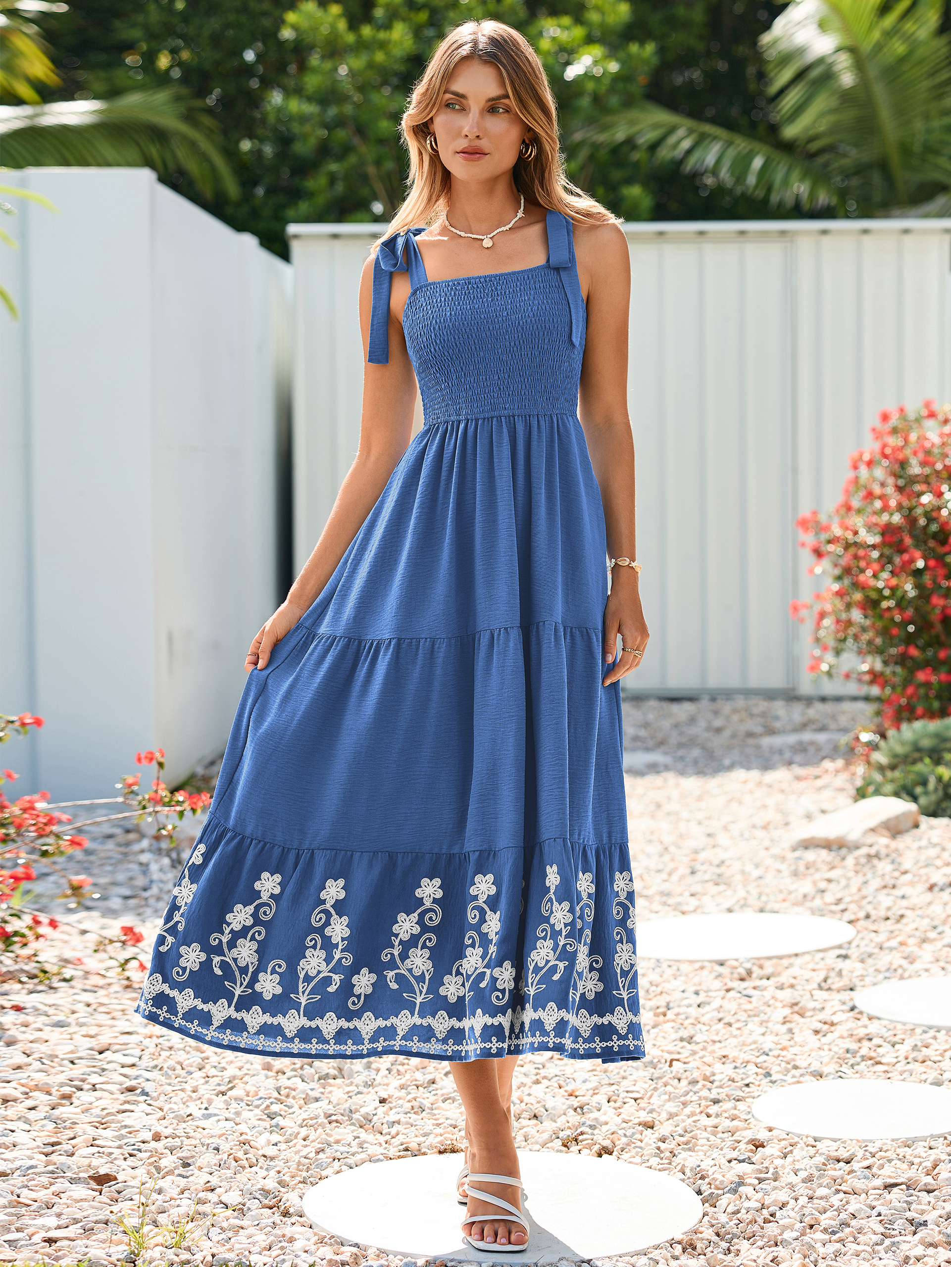 Floral Embroidery Smocked Tie Shoulder Maxi Dress