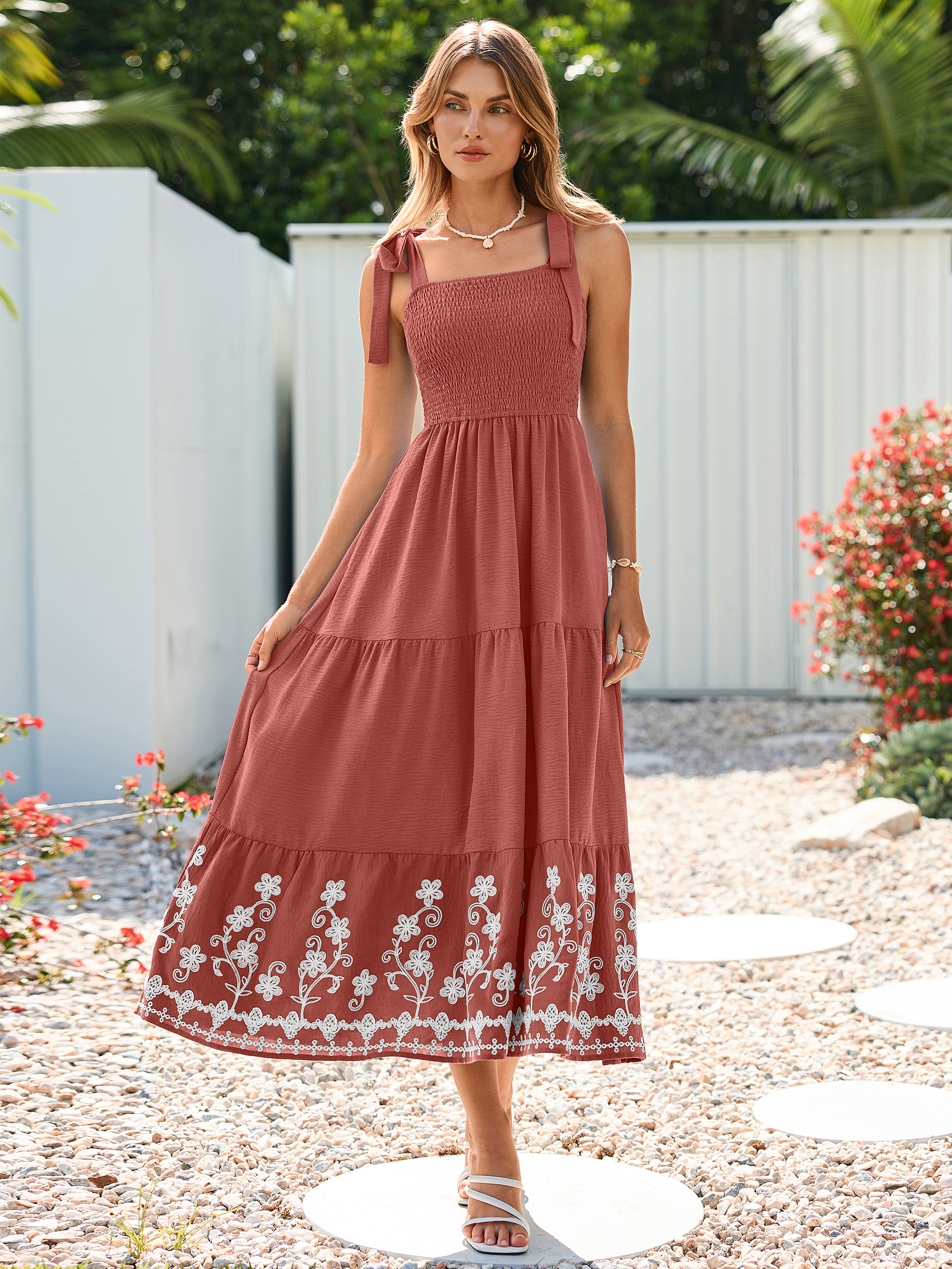 Floral Embroidery Smocked Tie Shoulder Maxi Dress