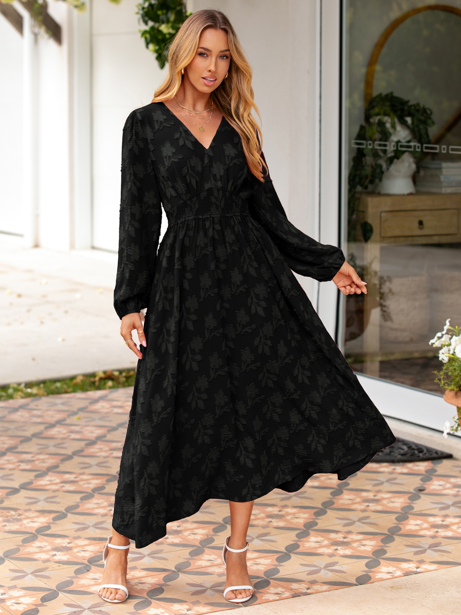 Boho Floral V Neck Empire Waist Maxi Dress - Black