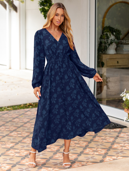 Boho Floral V Neck Empire Waist Maxi Dress - Navy Blue