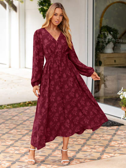 Boho Floral V Neck Empire Waist Maxi Dress - Burgundy