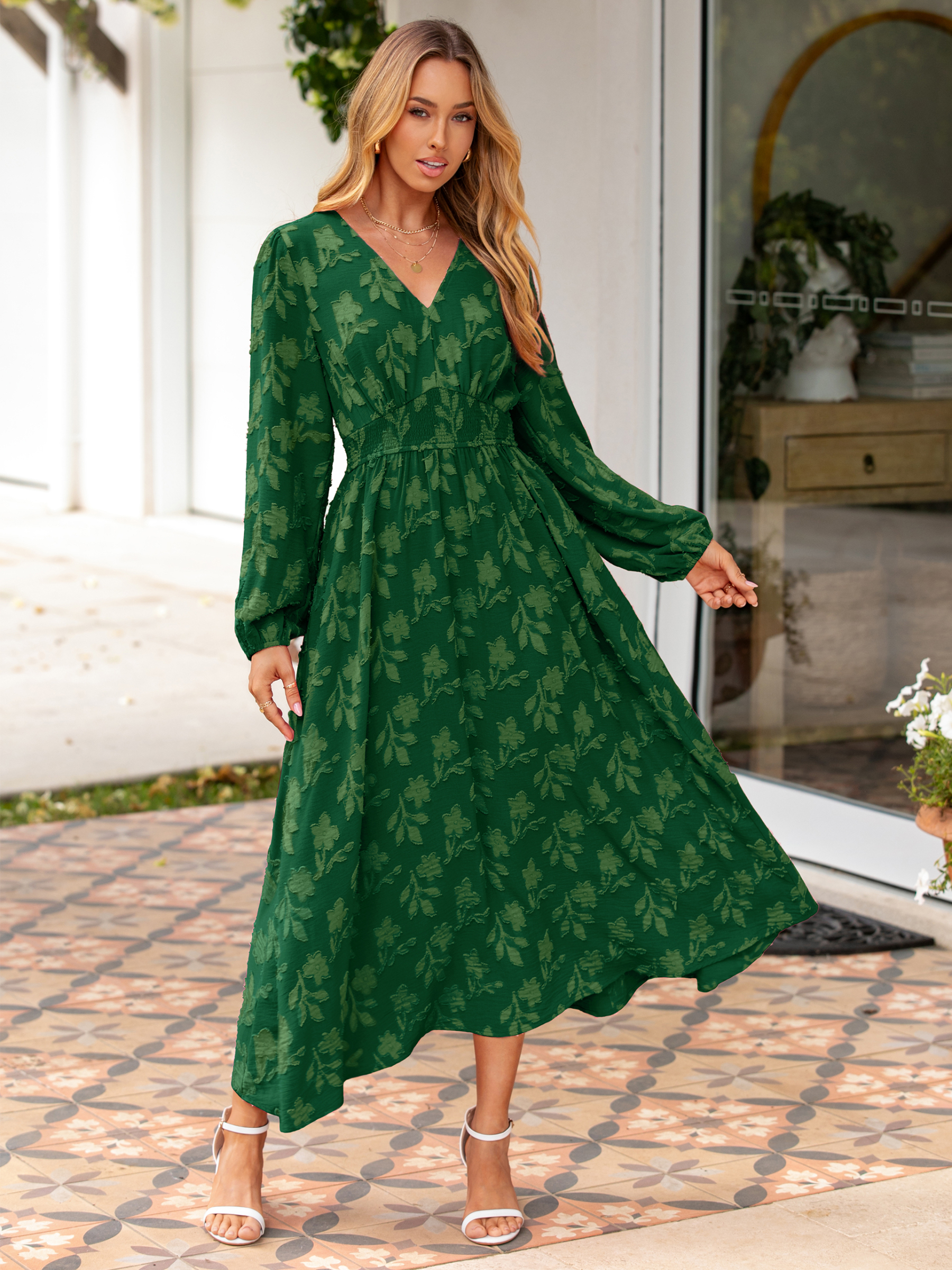 Boho Floral V Neck Empire Waist Maxi Dress - Emerald Green