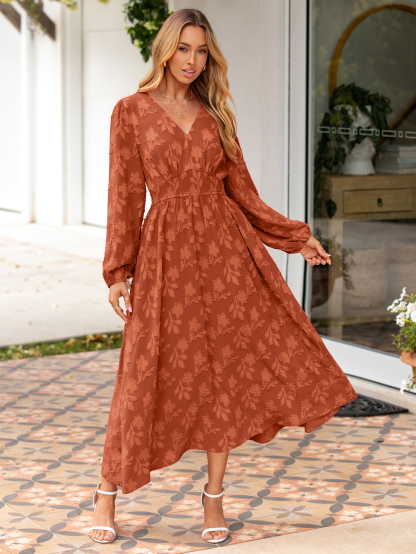 Boho Floral V Neck Empire Waist Maxi Dress - Orange