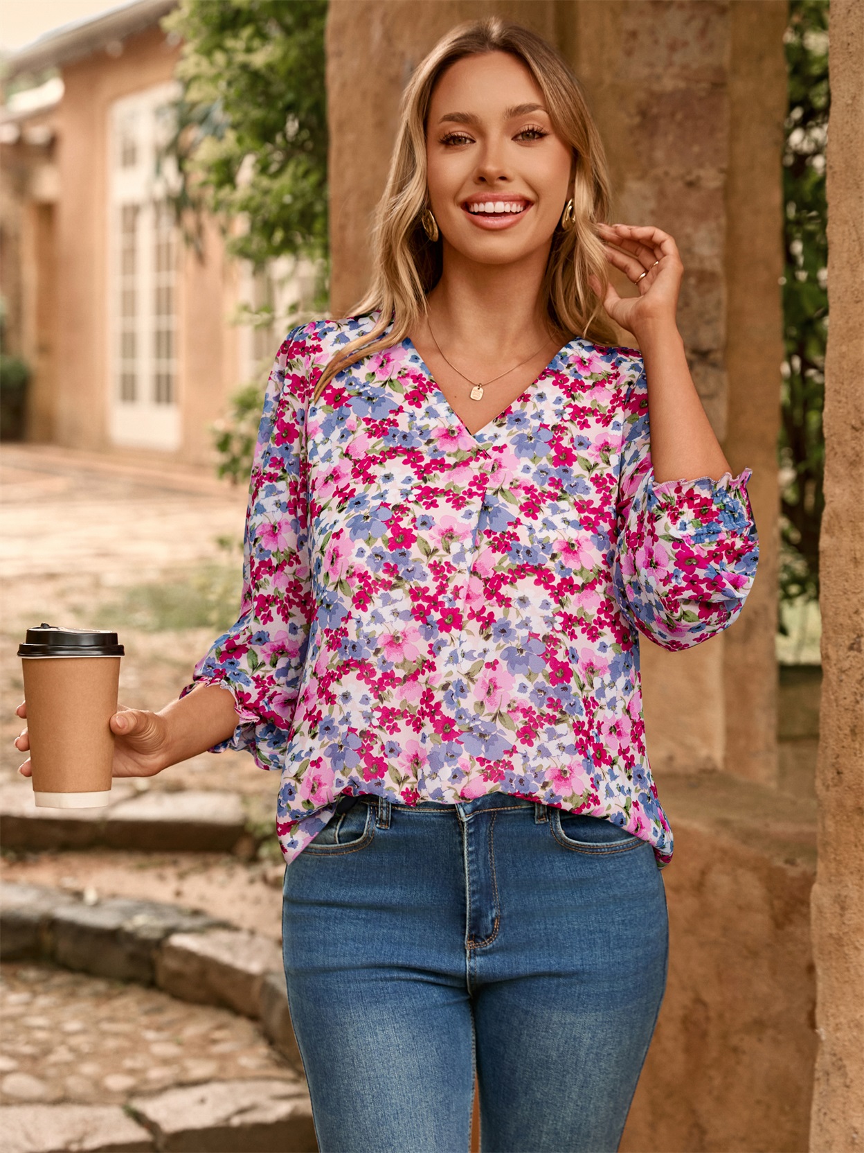 Floral V Neck Long Sleeve Blouse - Pink Floral