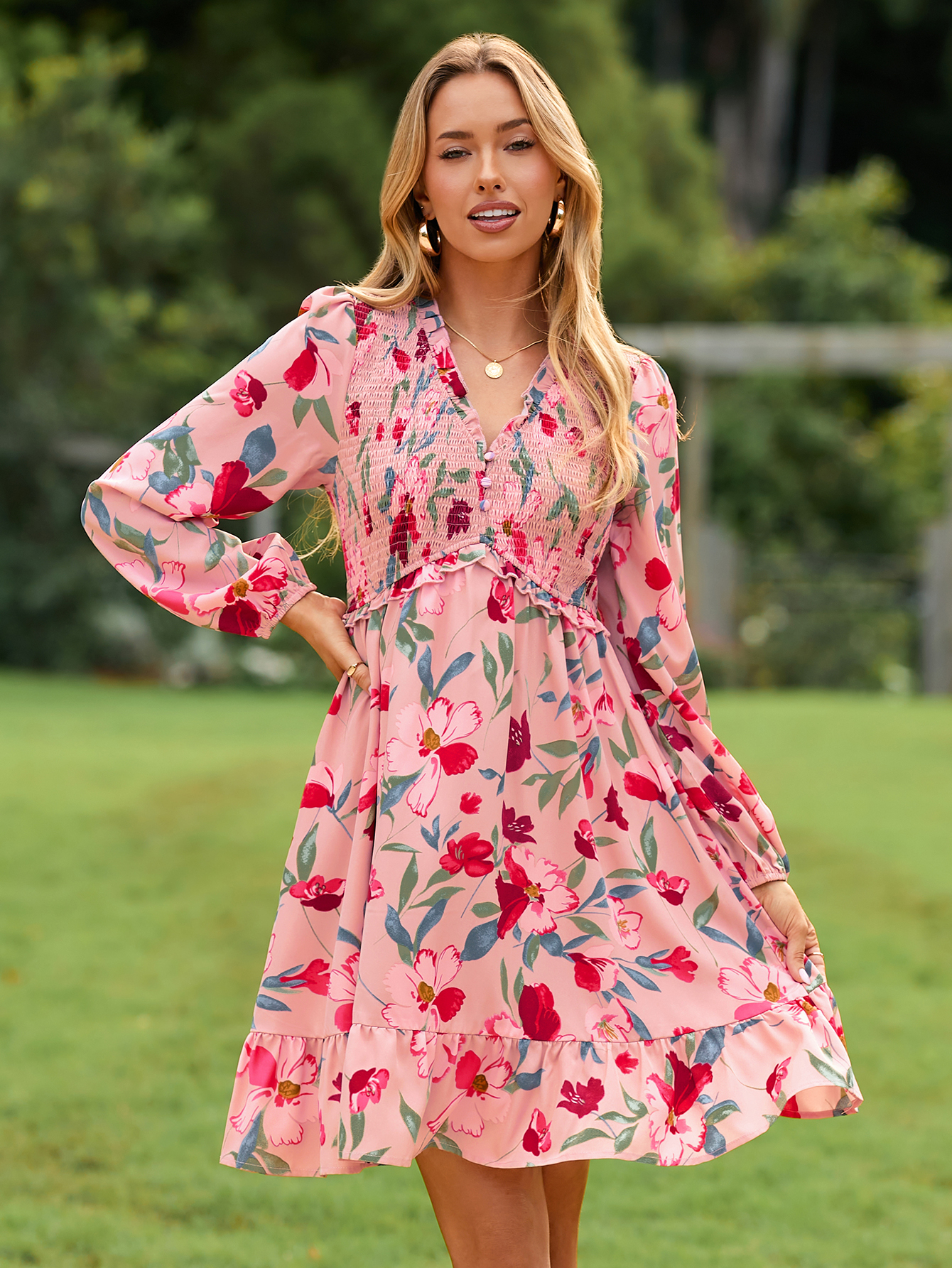 Floral Ruffle Empire Waist Babydoll Mini Dress - Floral Pink