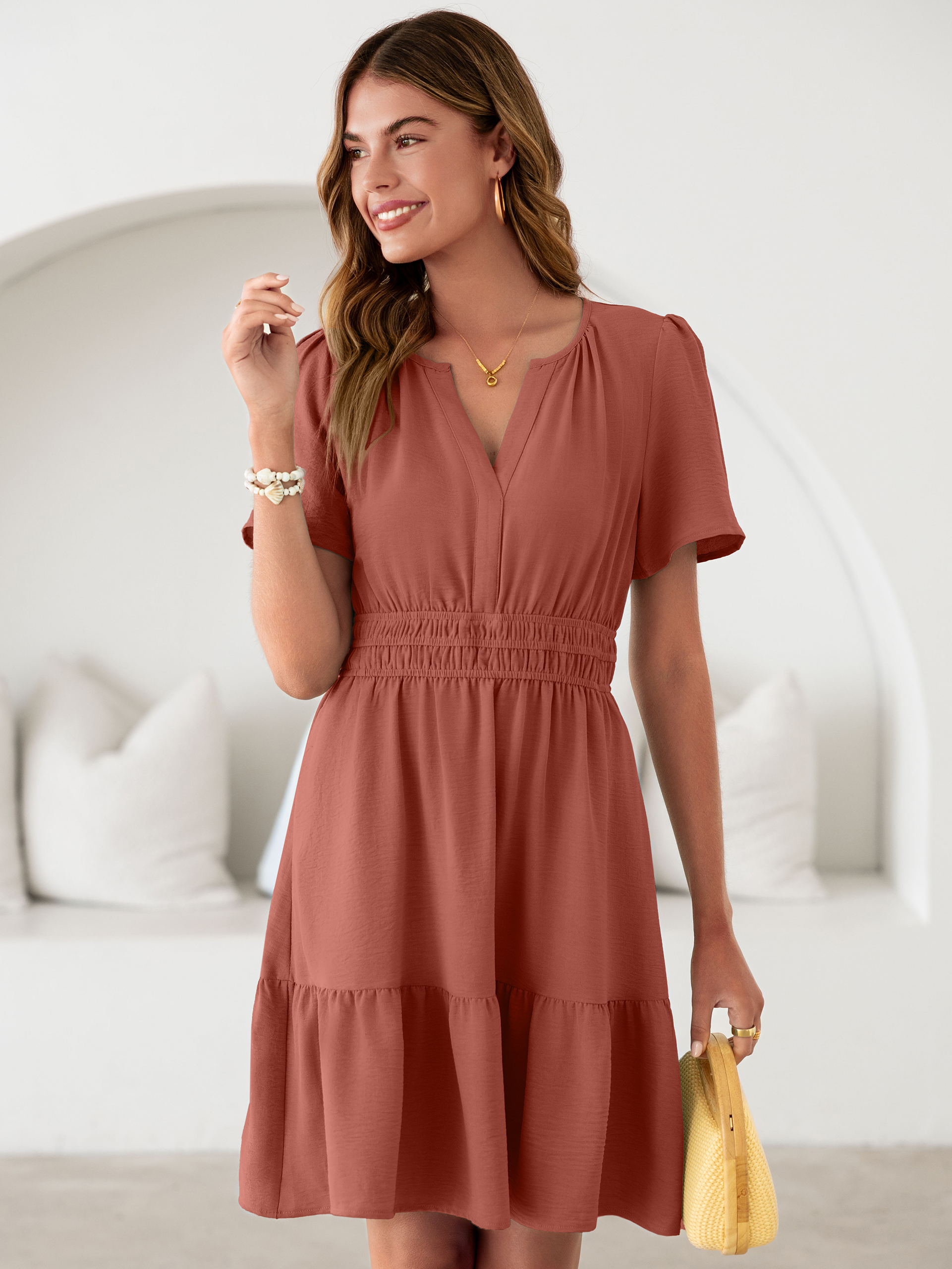 V Neck Smocked Waist Ruffle Hem Mini Dress