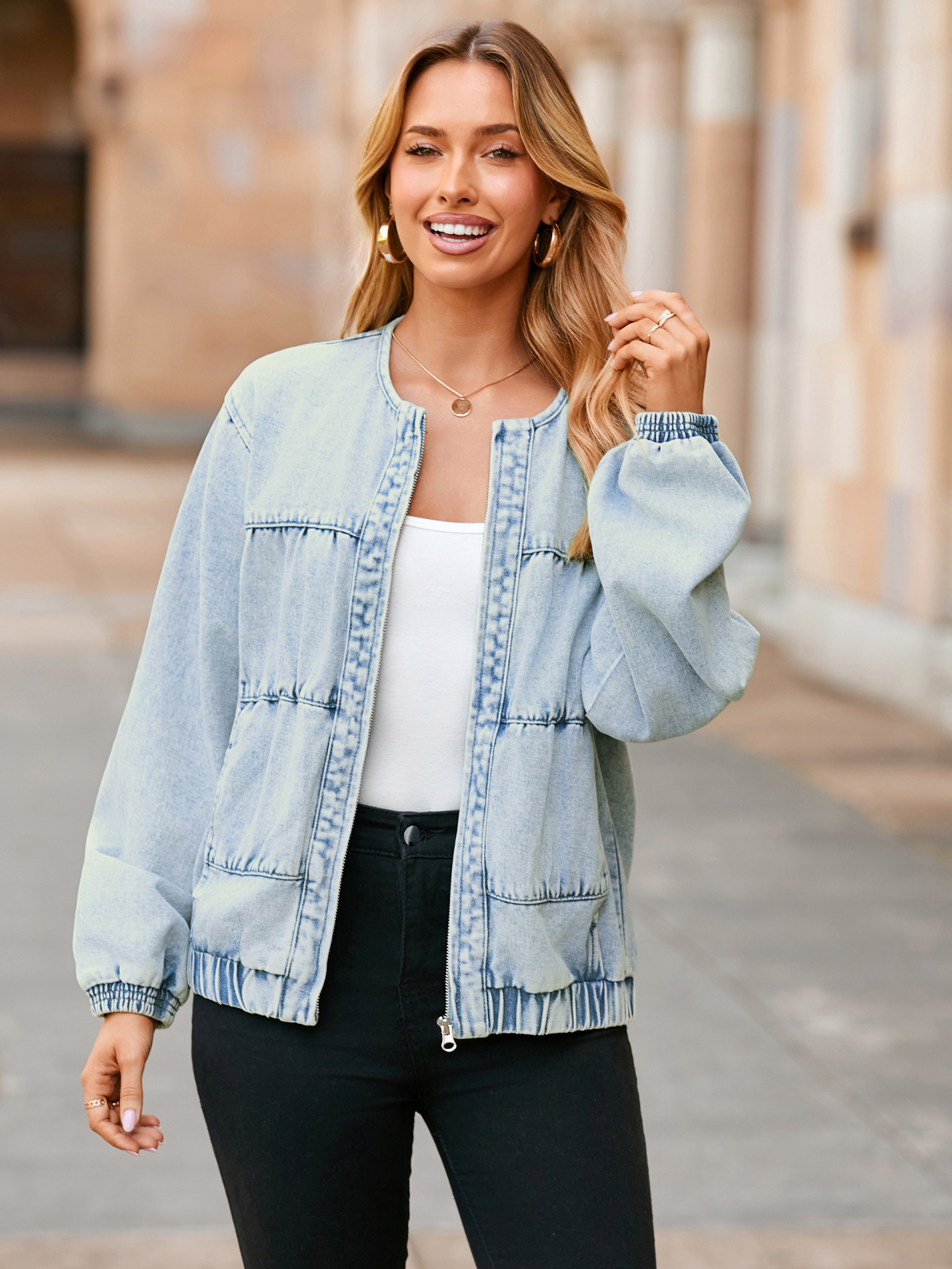 Loose Fit Zip Up Denim Bomber Jacket - Denim Light Blue