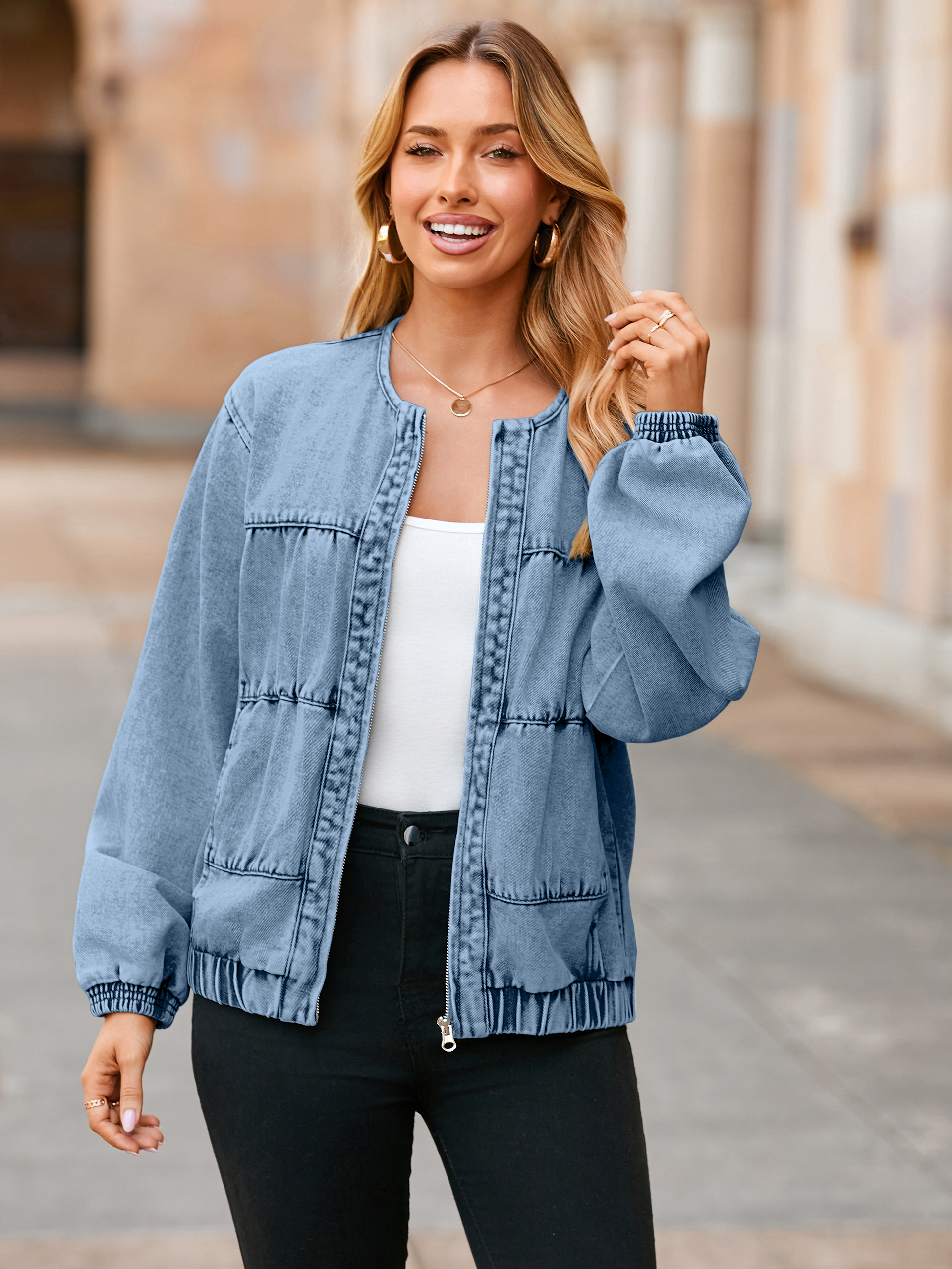 Loose Fit Zip Up Denim Bomber Jacket - Denim Blue