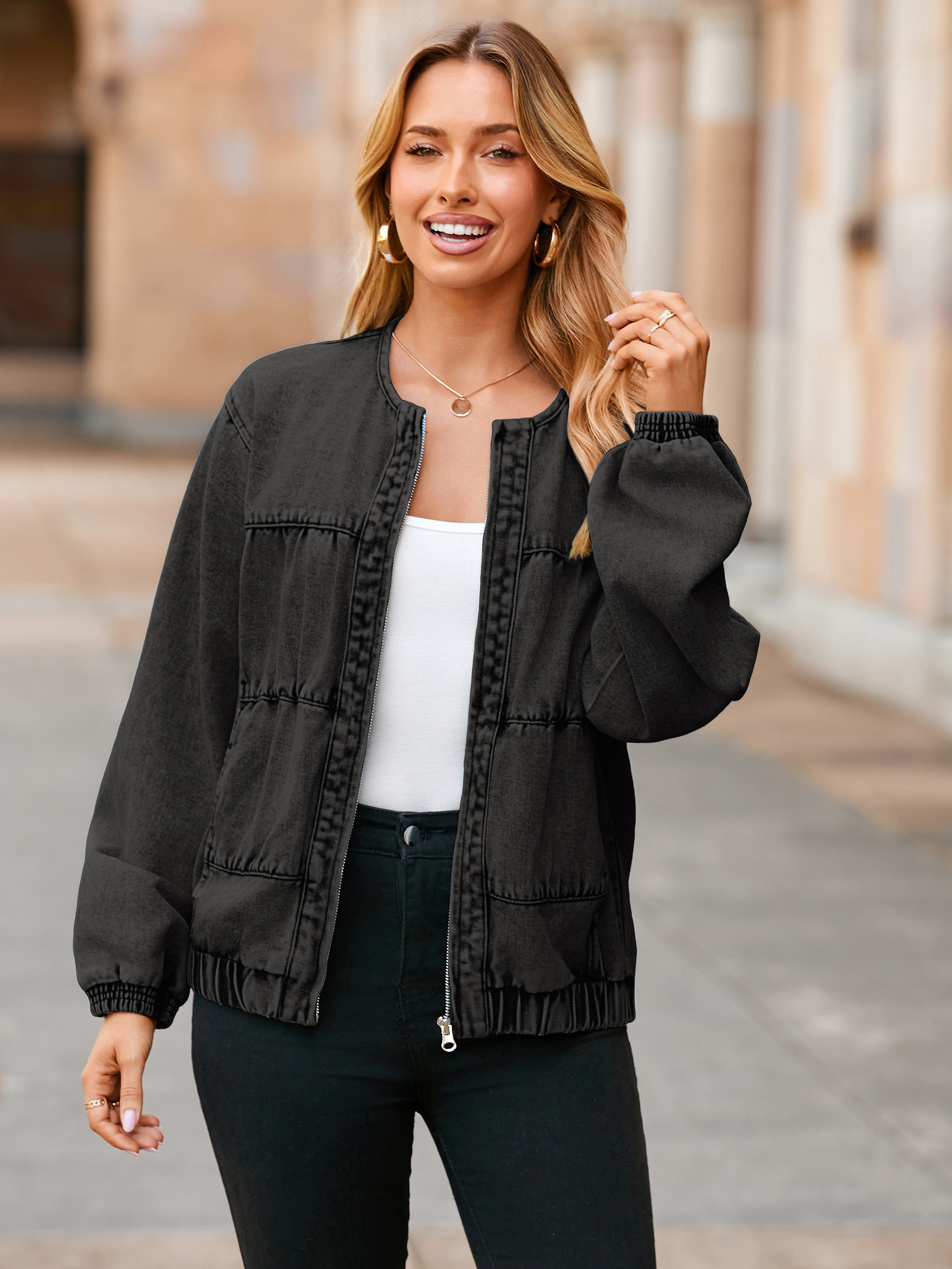 Loose Fit Zip Up Denim Bomber Jacket - Denim Black